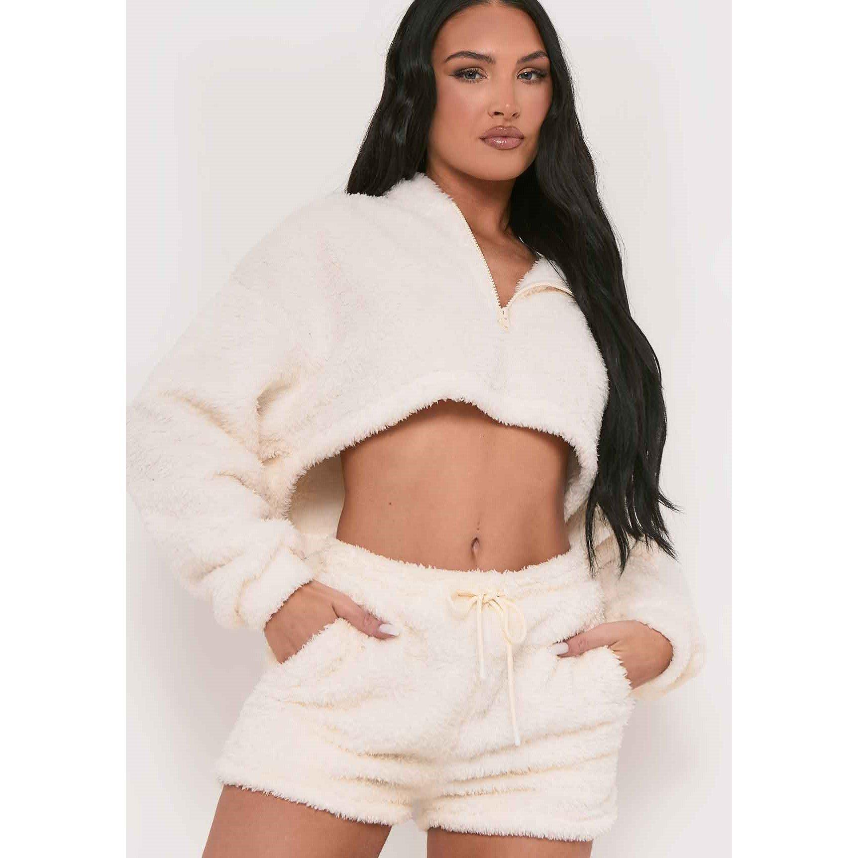 Cream - Missy Empire - Fluffy Teddy Drawstring Shorts