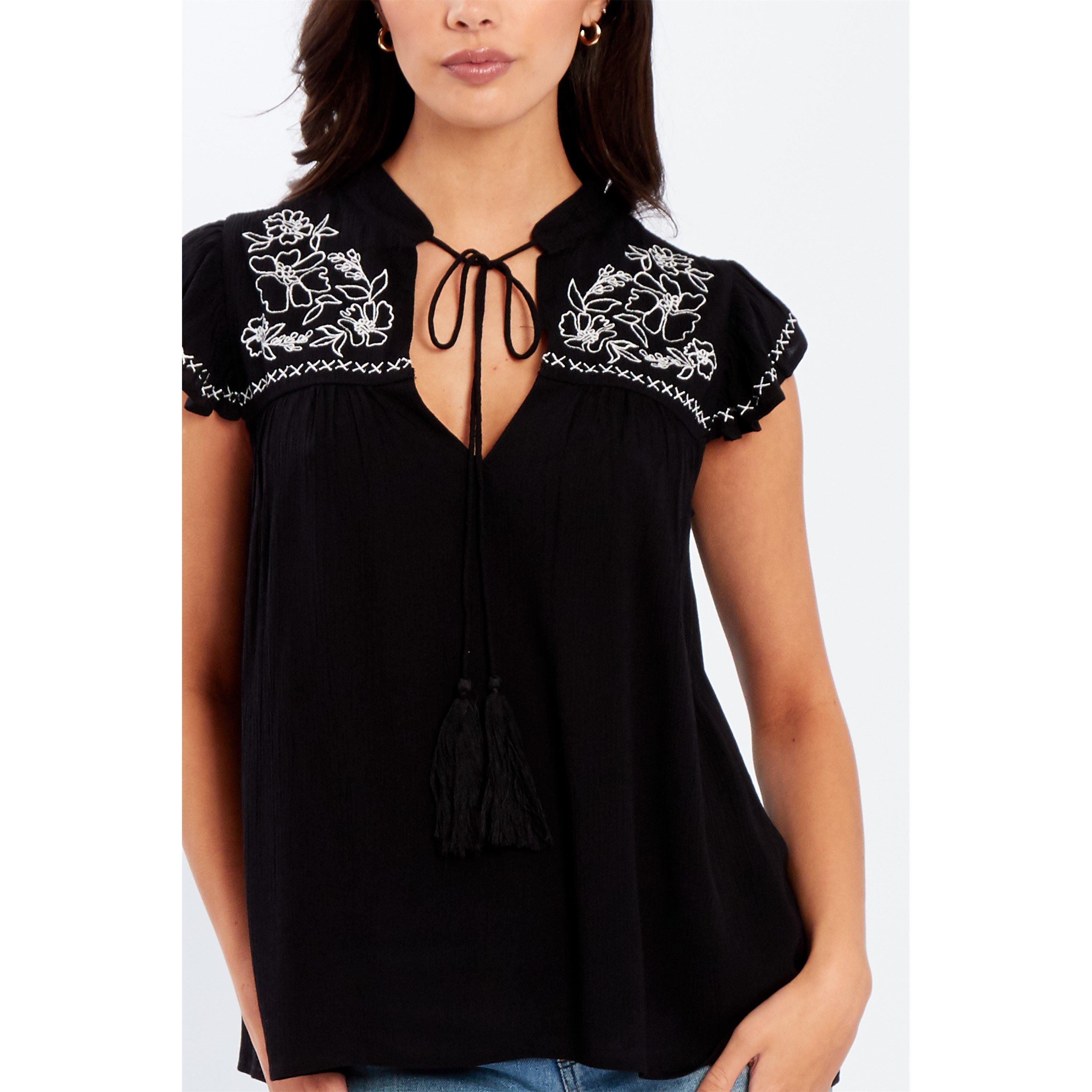 Black - Be You - Embroidered Crinkle Blouse Womens - 4