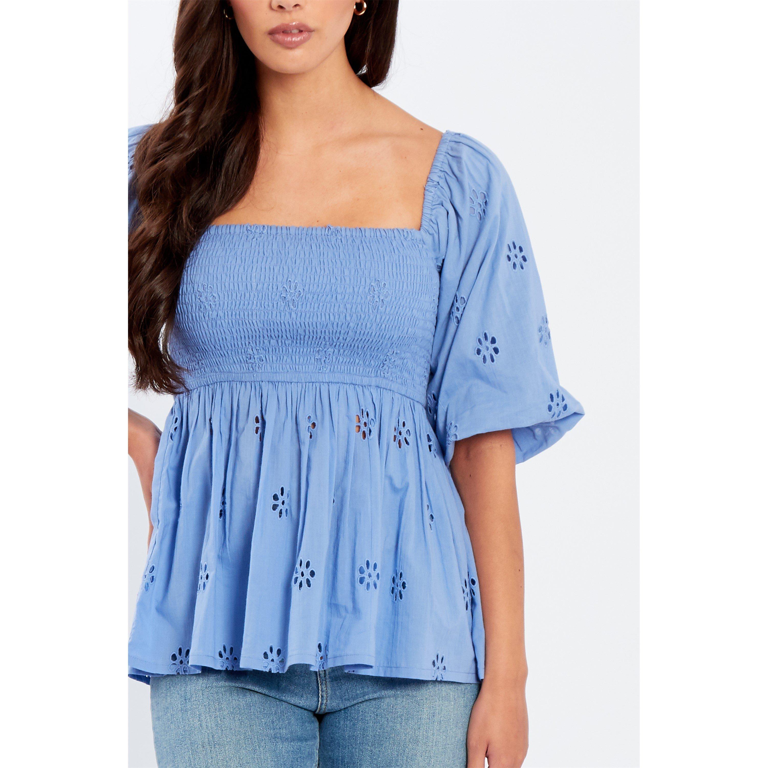 Blue - Be You - Women's Broderie Square Neck Short-Sleeve Blouse - 4