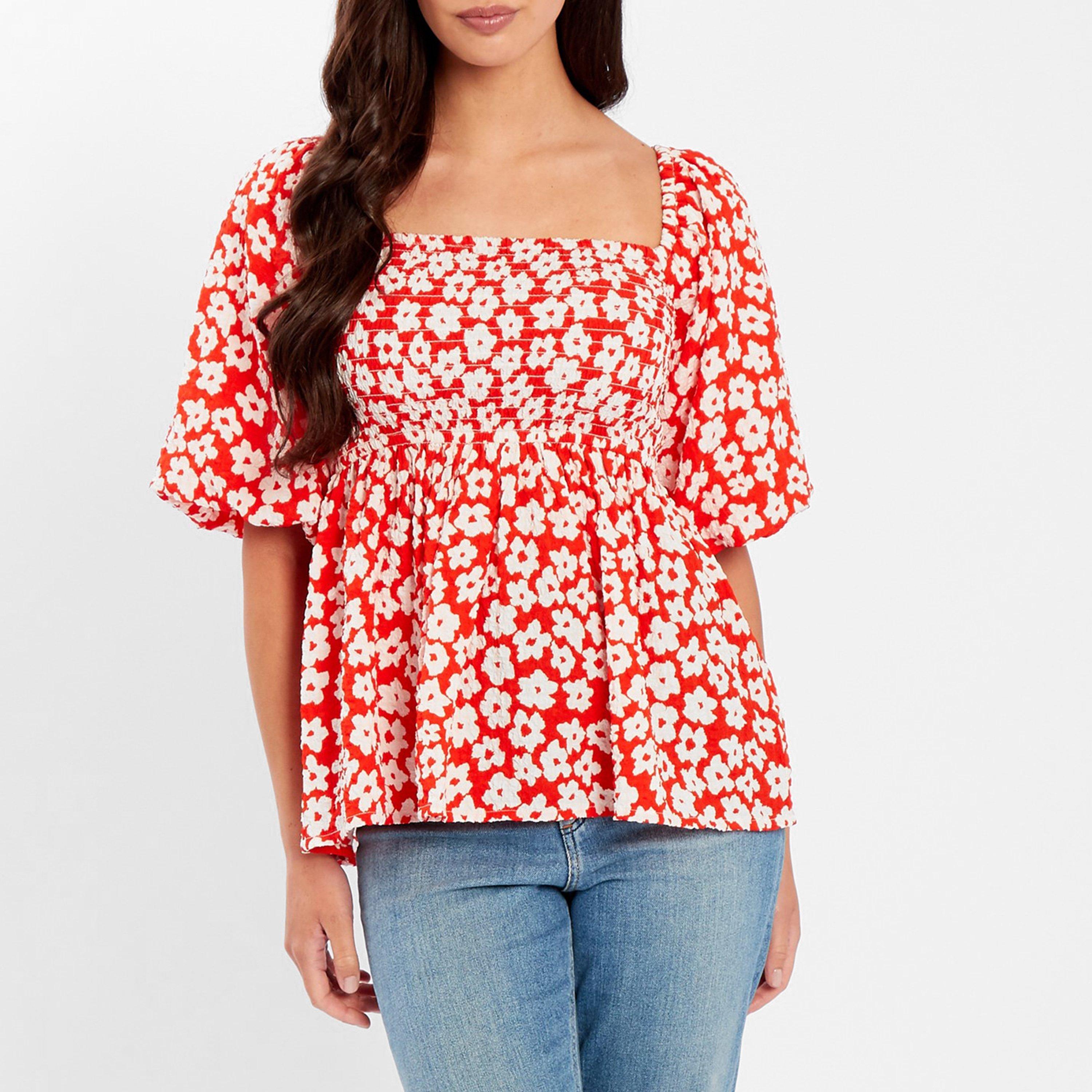 Crveni cvjetni. - Be You - Women's Square Neck Puff Sleeve Short Blouse - 1