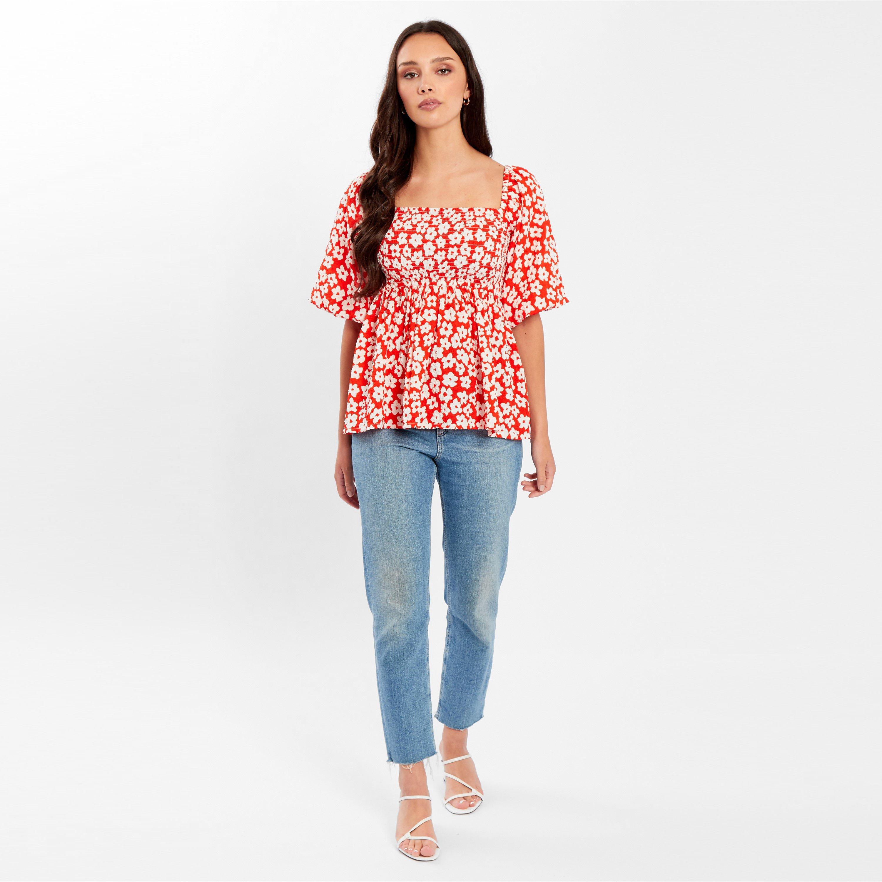 Floreale Rosso - Be You - Square Neck Puff Sleeve Short Blouse - 3
