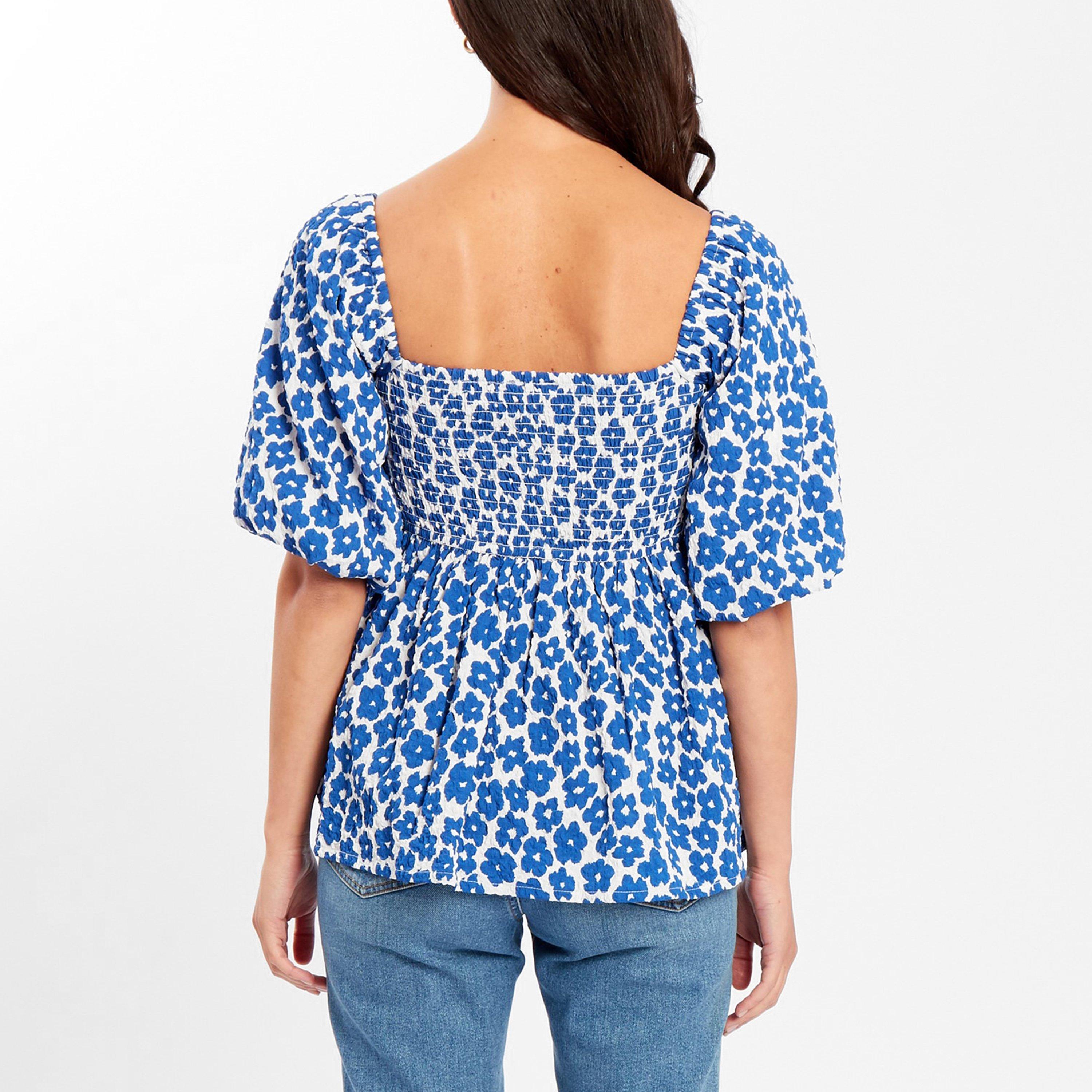 Floral marine - Be You - Women's Square Neck Puff Sleeve Short Blouse - 2