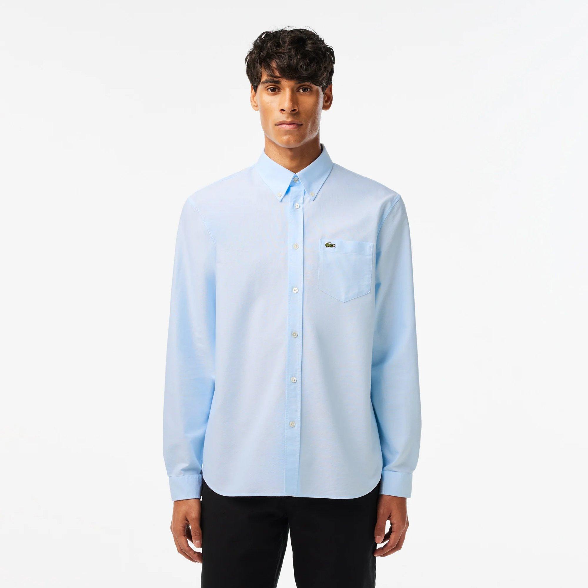 WHITE/BLUE - Lacoste - Mens Long Sleeved Oxford Cotton Shirt - 4