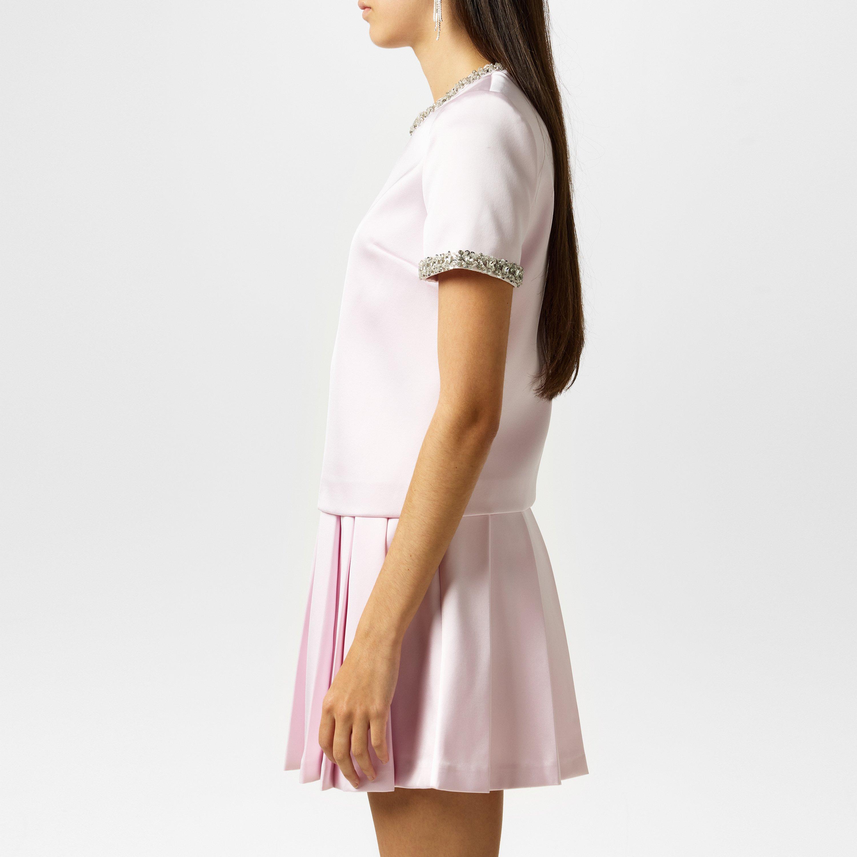 Pink - Self Portrait - Women's Satin Embellished Short-Sleeve Blouse - 2