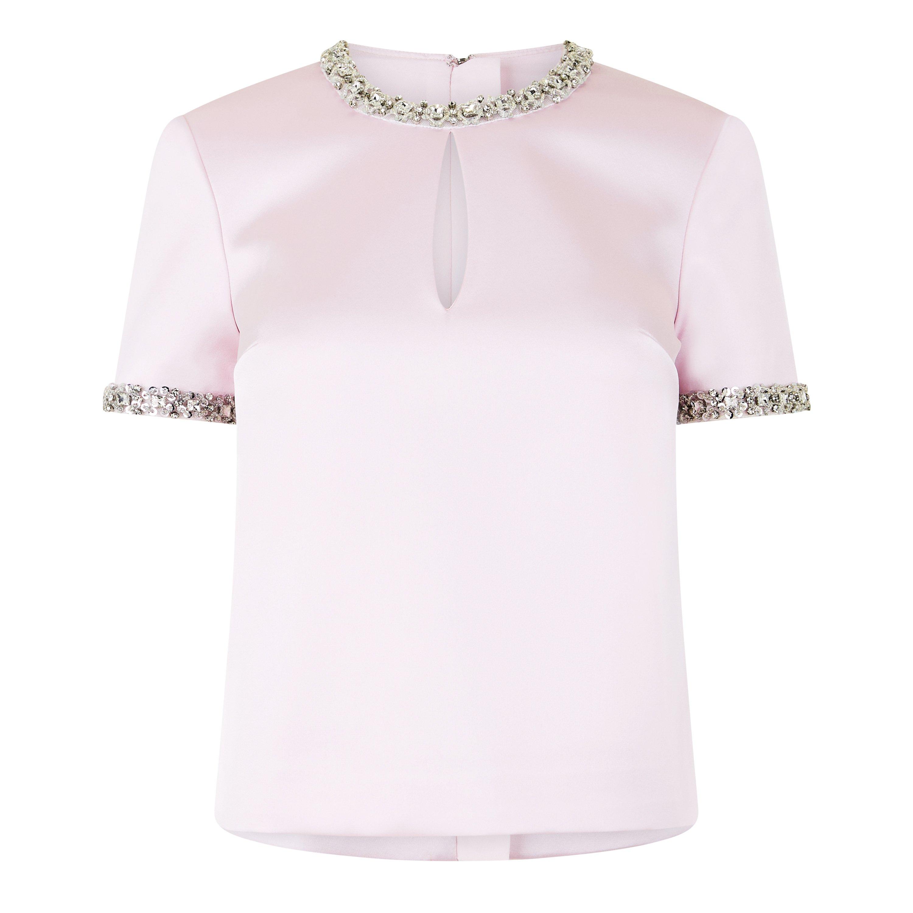 Pink - Self Portrait - Women's Satin Embellished Short-Sleeve Blouse - 5