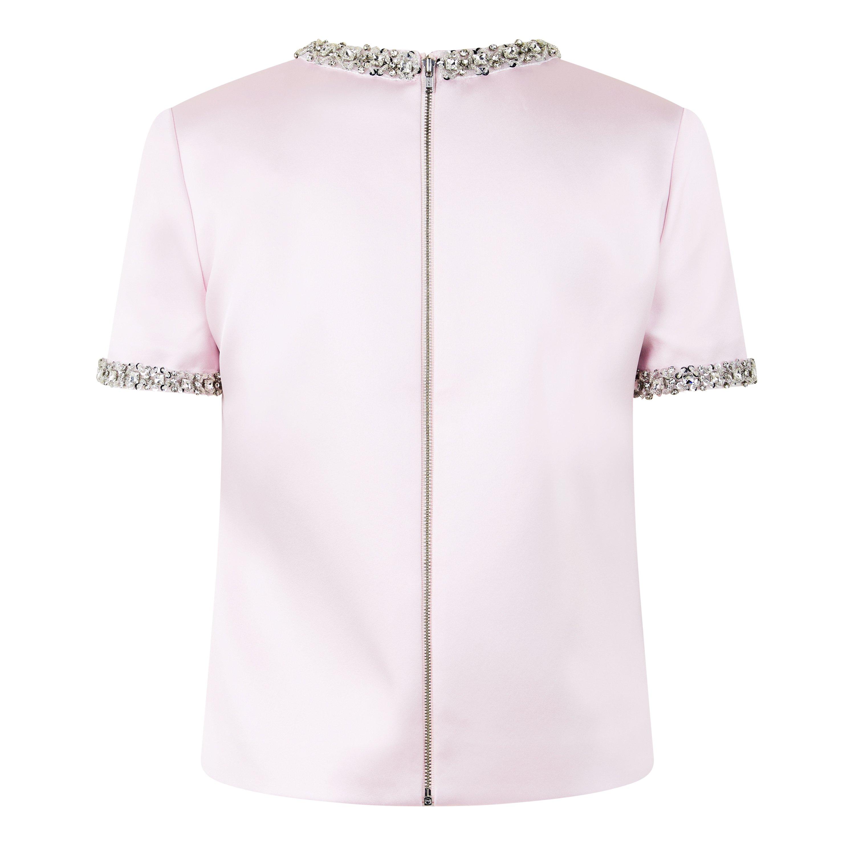 Pink - Self Portrait - Women's Satin Embellished Short-Sleeve Blouse - 6