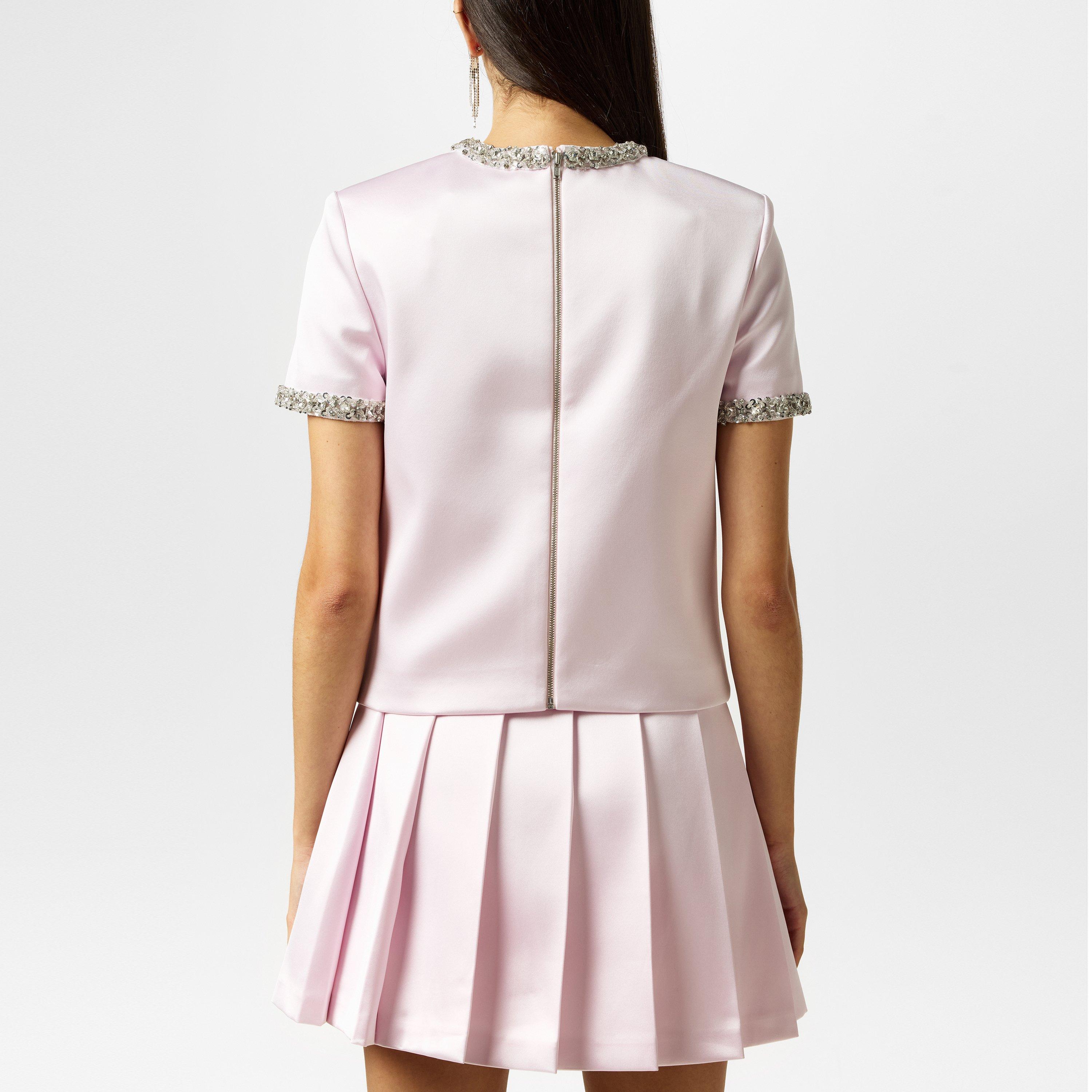 Pink - Self Portrait - Women's Satin Embellished Short-Sleeve Blouse - 3