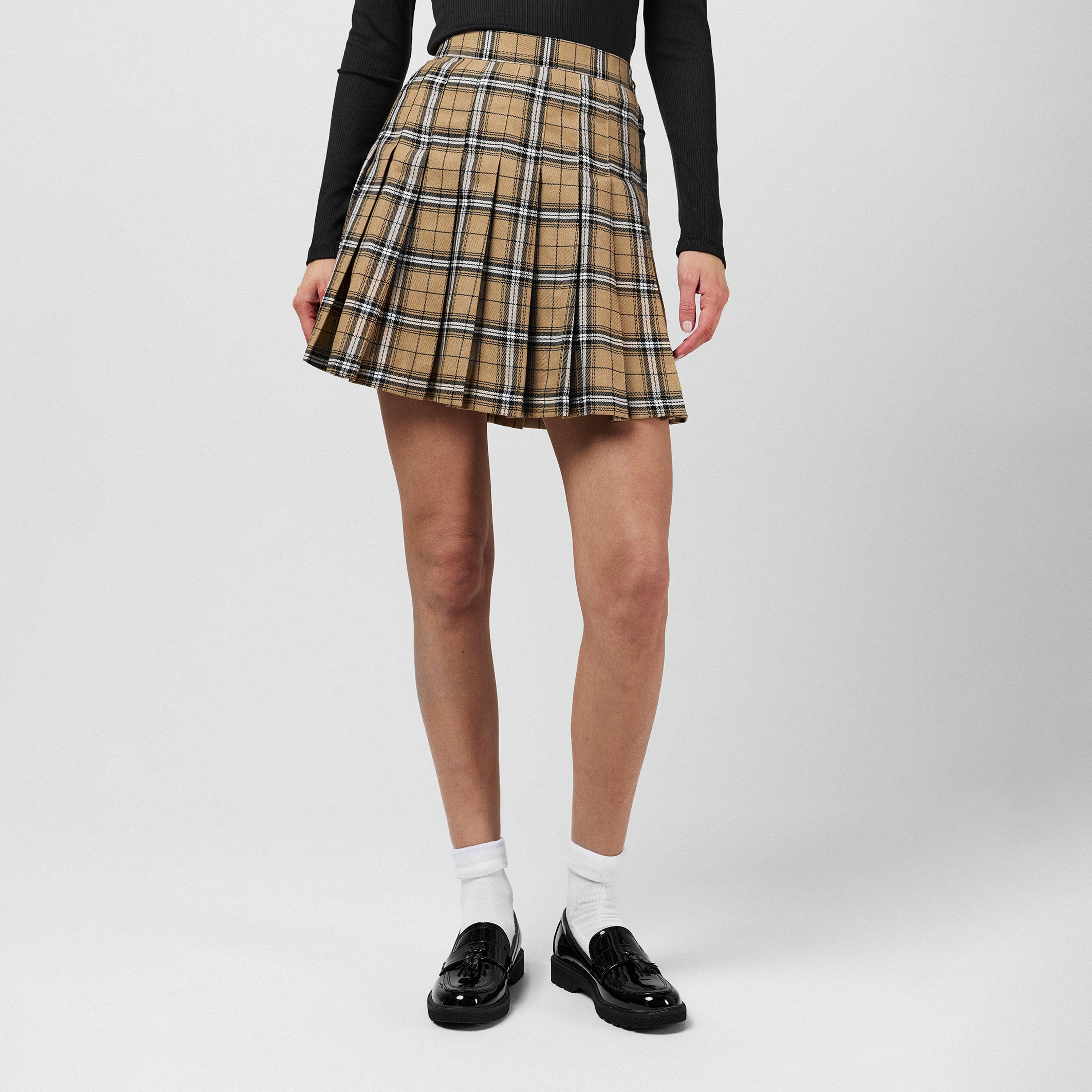 Beige - Fabric - Pleated Checked Skort - 1