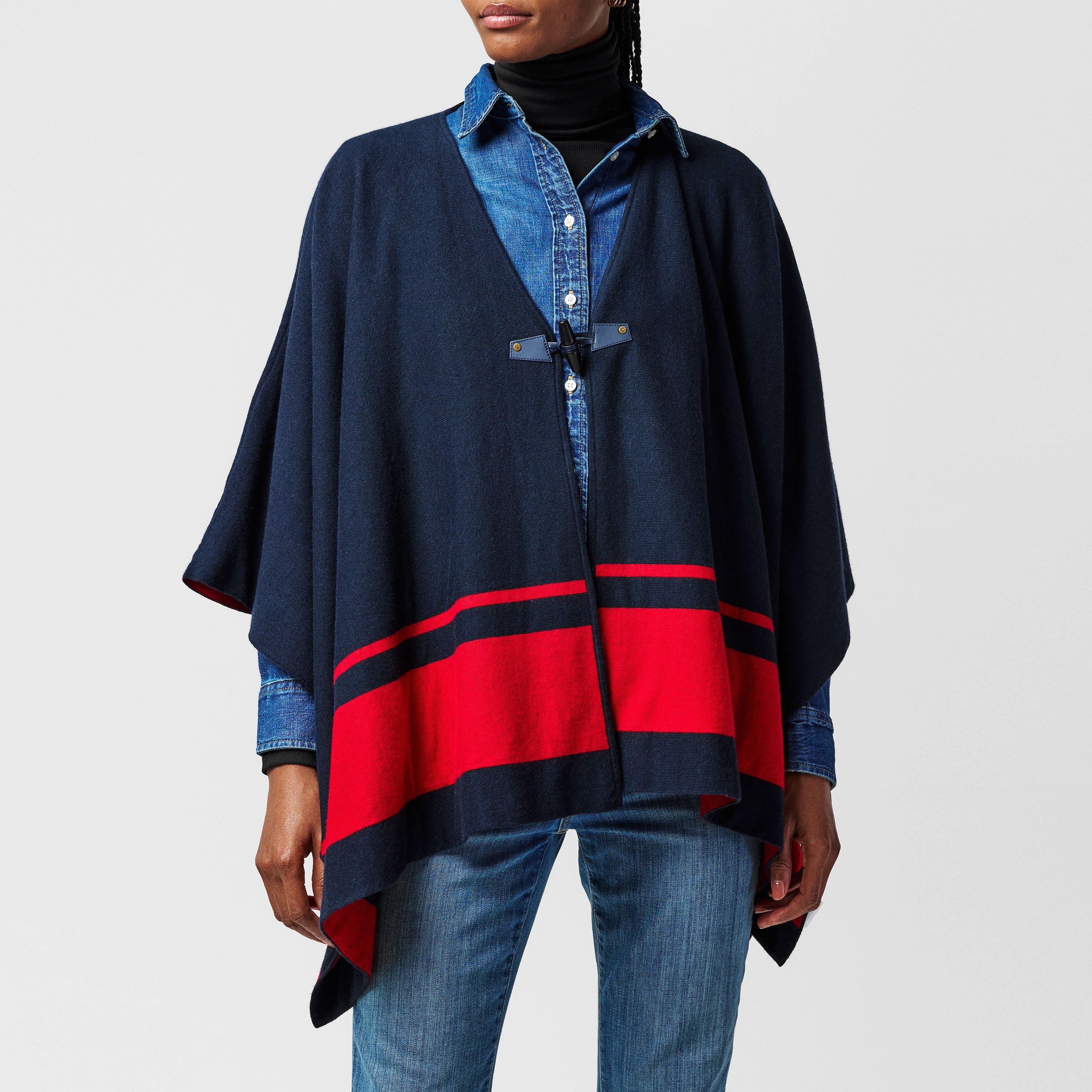 Lauren Navy/Red - Lauren by Ralph Lauren - Women's Two-Tone Intarsia Viscose Short Poncho - 3