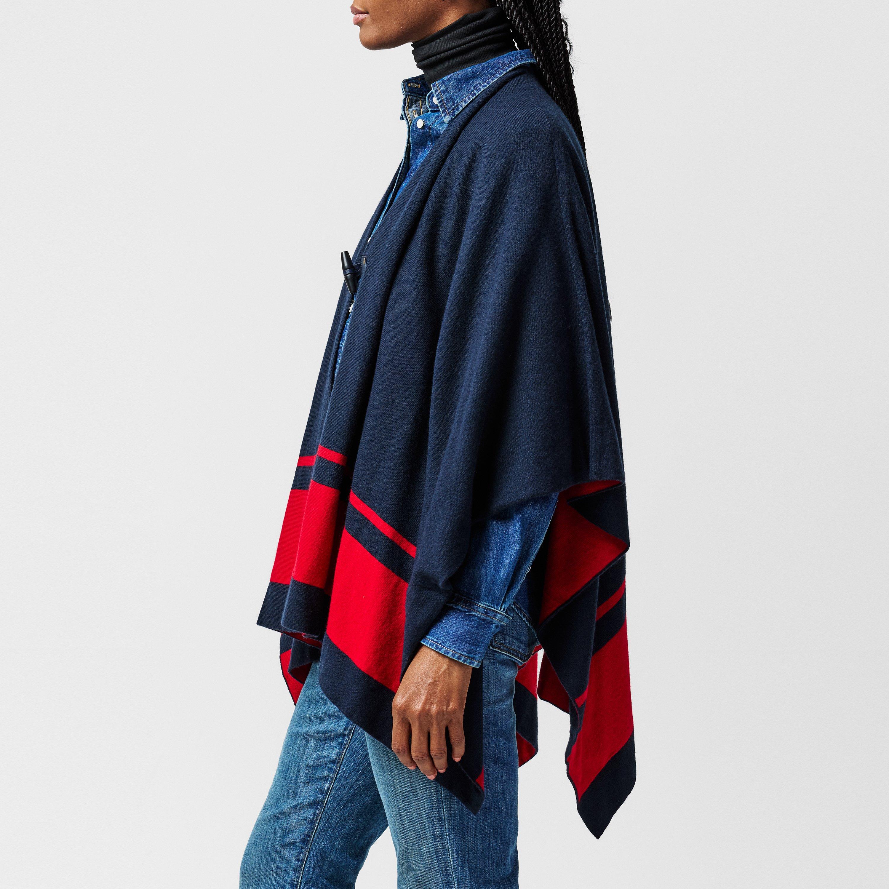 Lauren Navy/Red - Lauren by Ralph Lauren - Women's Two-Tone Intarsia Viscose Short Poncho - 4