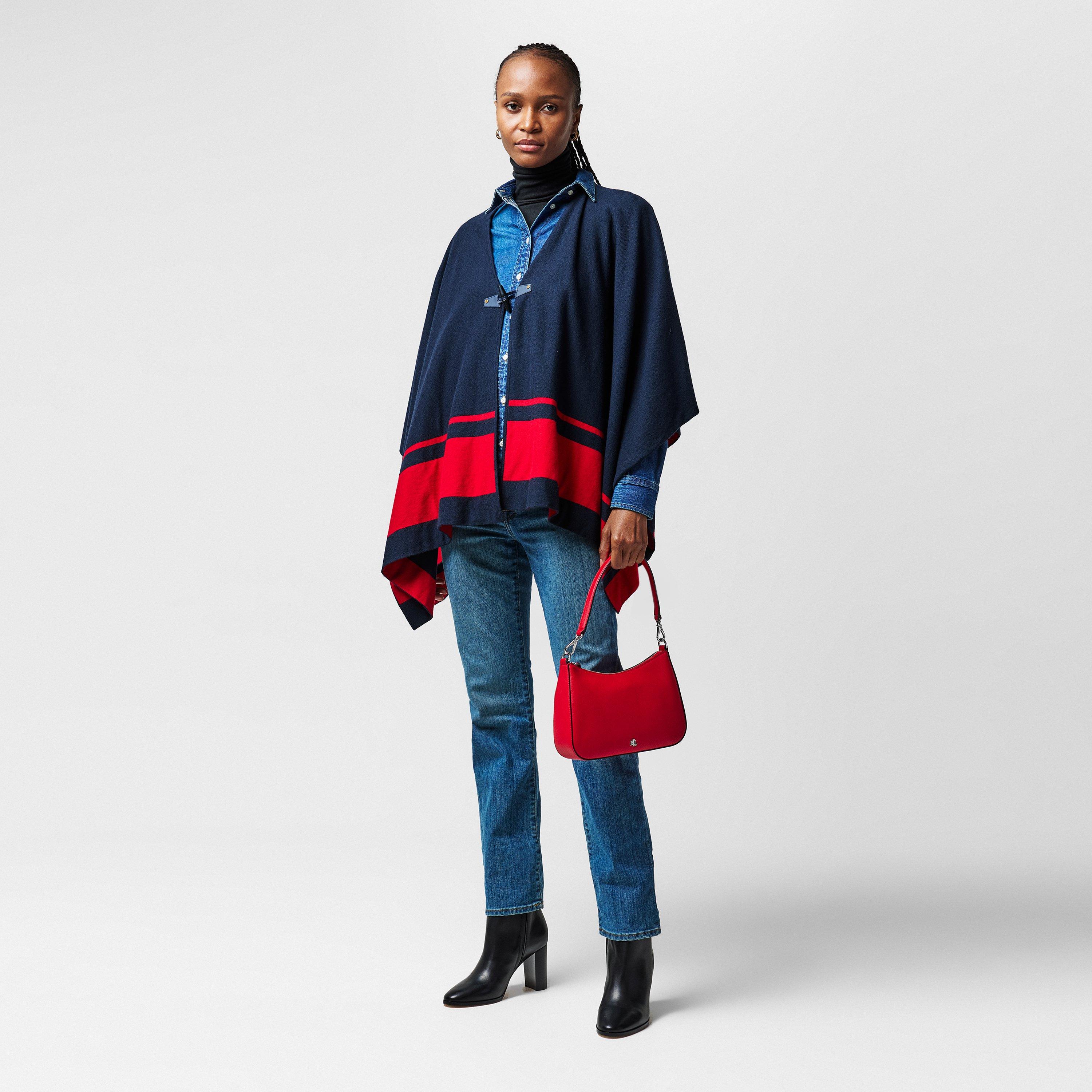 Lauren Navy/Red - Lauren by Ralph Lauren - Women's Two-Tone Intarsia Viscose Short Poncho - 6