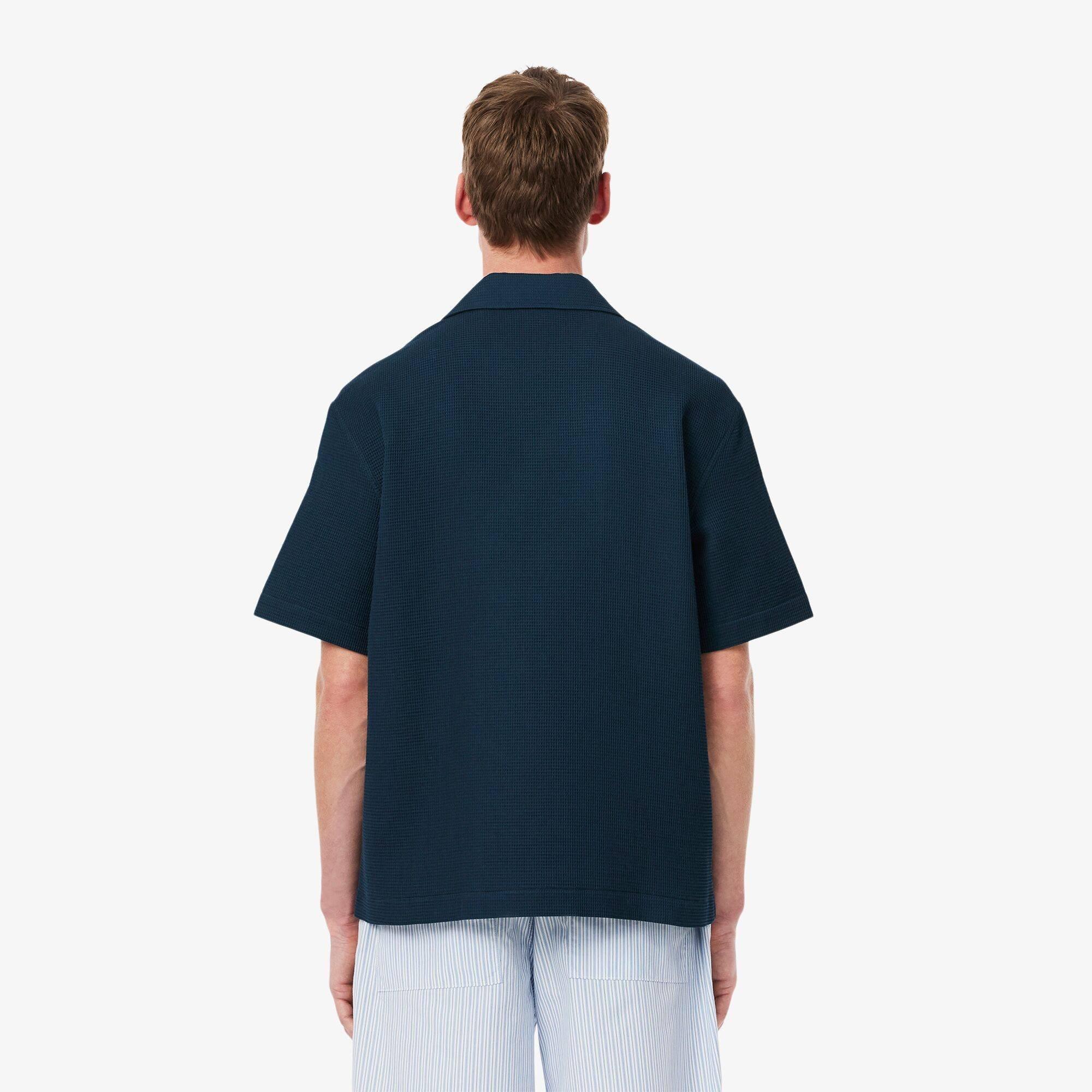 Marineblå C7Z - Lacoste - Men's Relaxed Fit Waffle Texture Short-Sleeve Patterned Shirt - 4