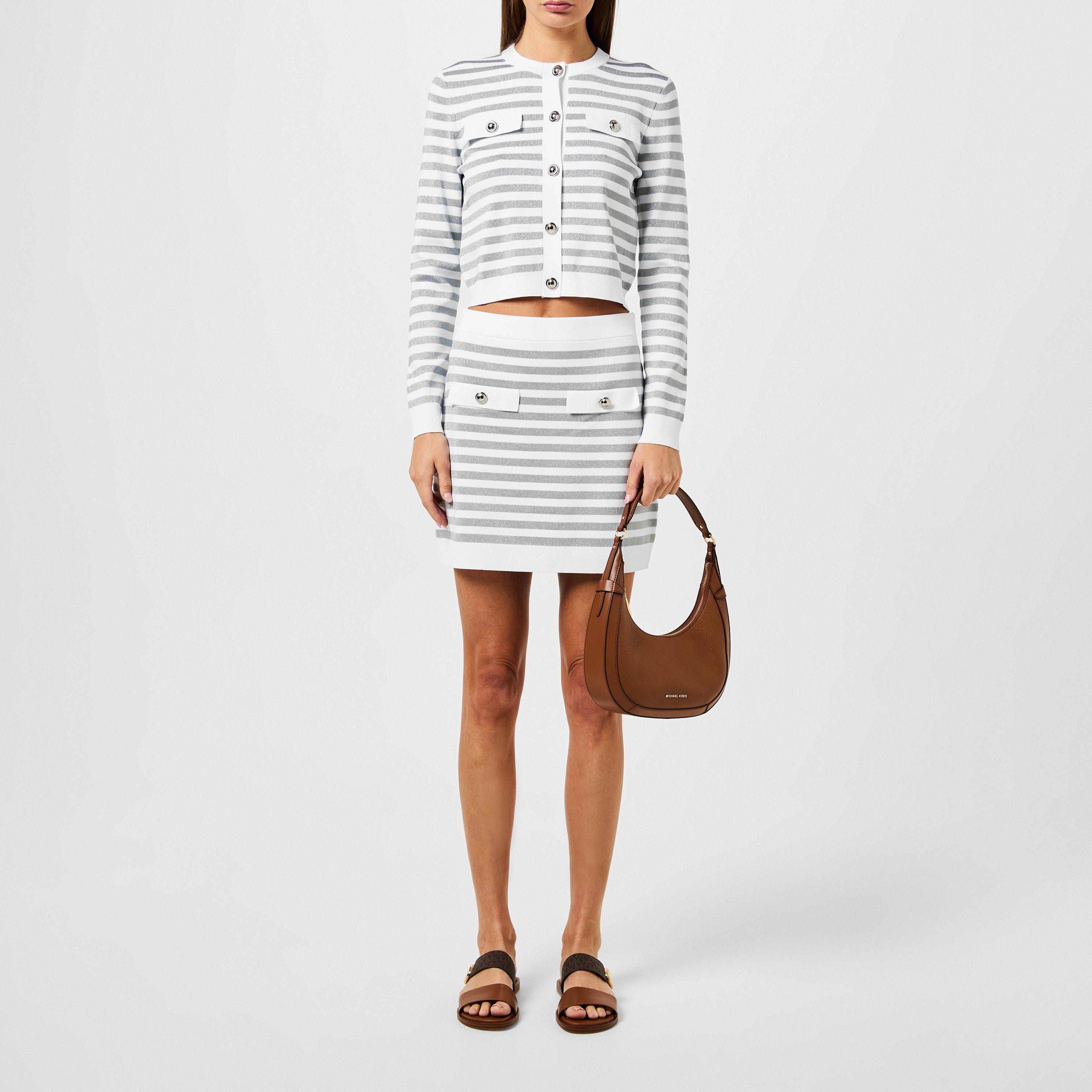 WHITE/SILVER - MICHAEL Michael Kors - Women's Metallic Striped Stretch Knitted Mini Jersey Skirt - 4