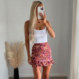 I Saw It First ISAWITFIRST Ruched Frill Hem Paisley Print Mini Skirt