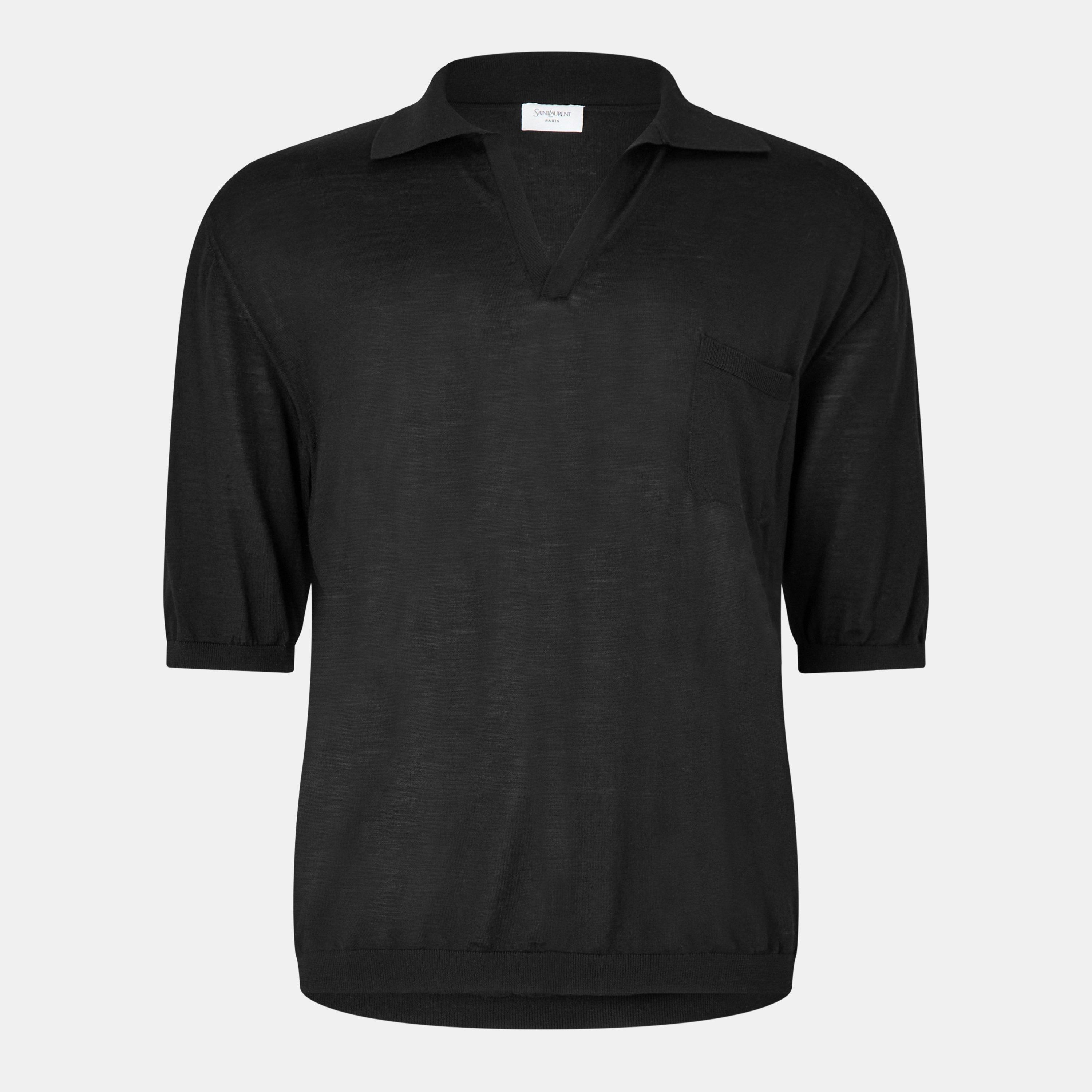 Black - Saint Laurent - Men's Open Knit Short Sleeve Polo Shirt - 1