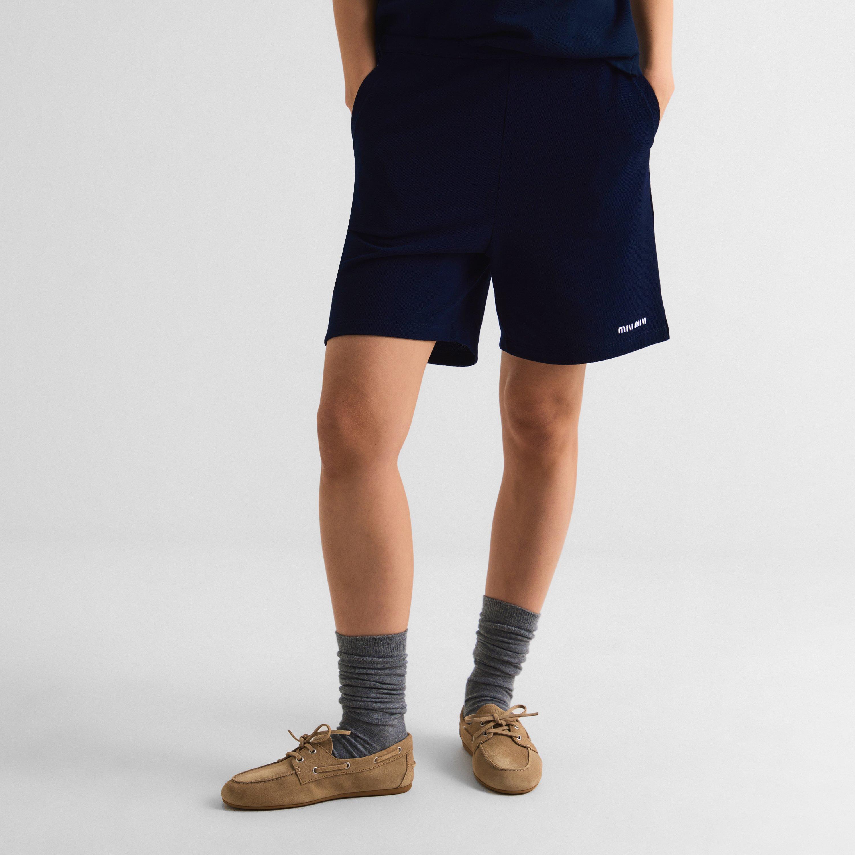 Navy - Miu Miu - Women's Soft Fleece Jogger Shorts - 3