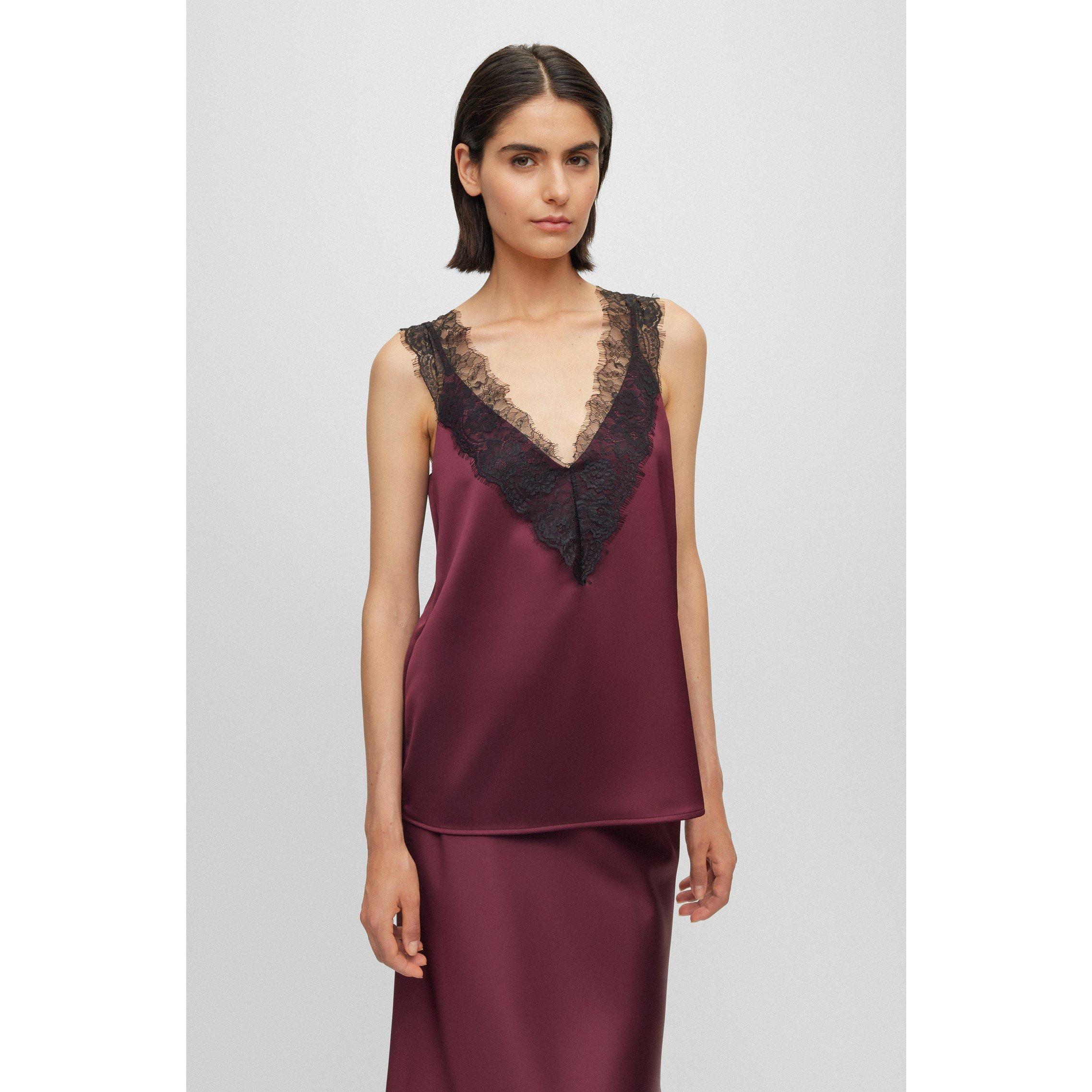 Open Red - Boss - Women's Satin Lace V-Neck Short Sleeve Oversized Fit Blouse - 5