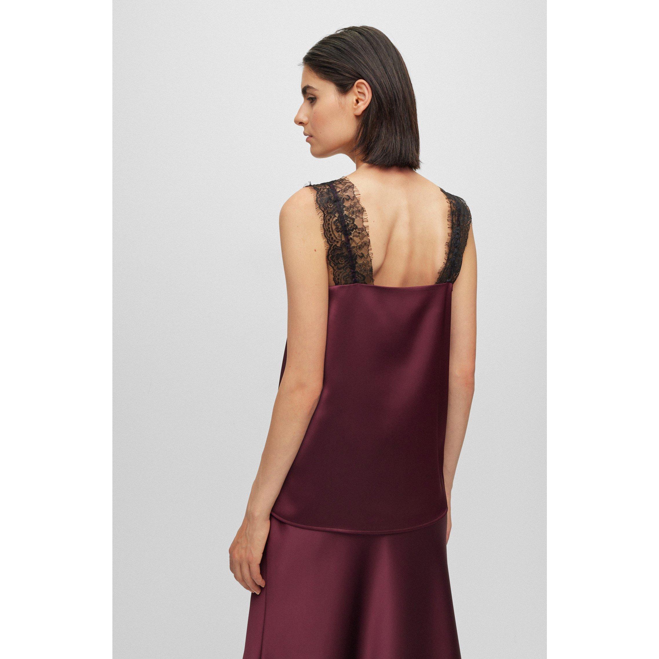 Open Red - Boss - Women's Satin Lace V-Neck Short Sleeve Oversized Fit Blouse - 6