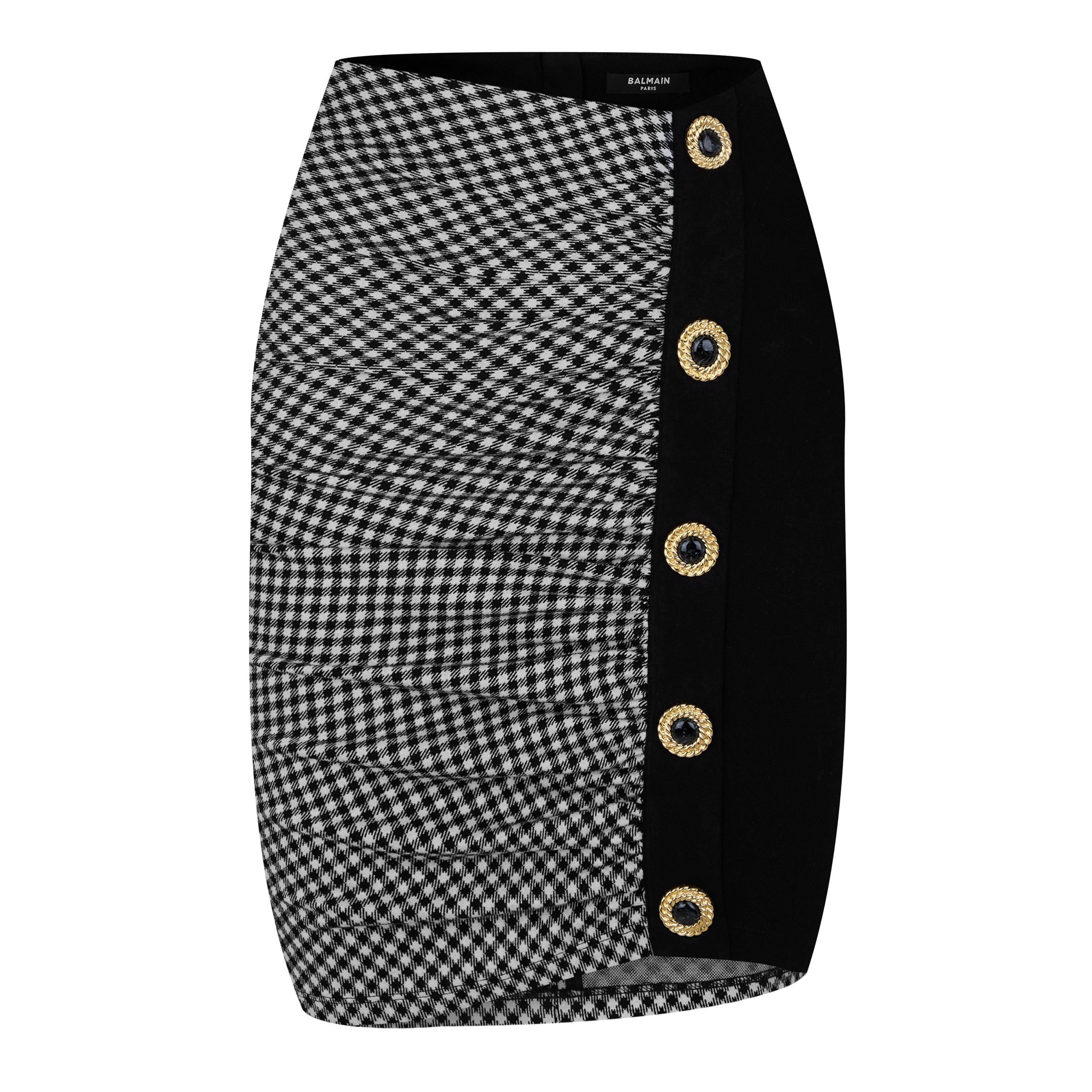 Balmain Ruched Crosshatch Midi Skirt - NOIR/BLANC - Size 8 (XS)