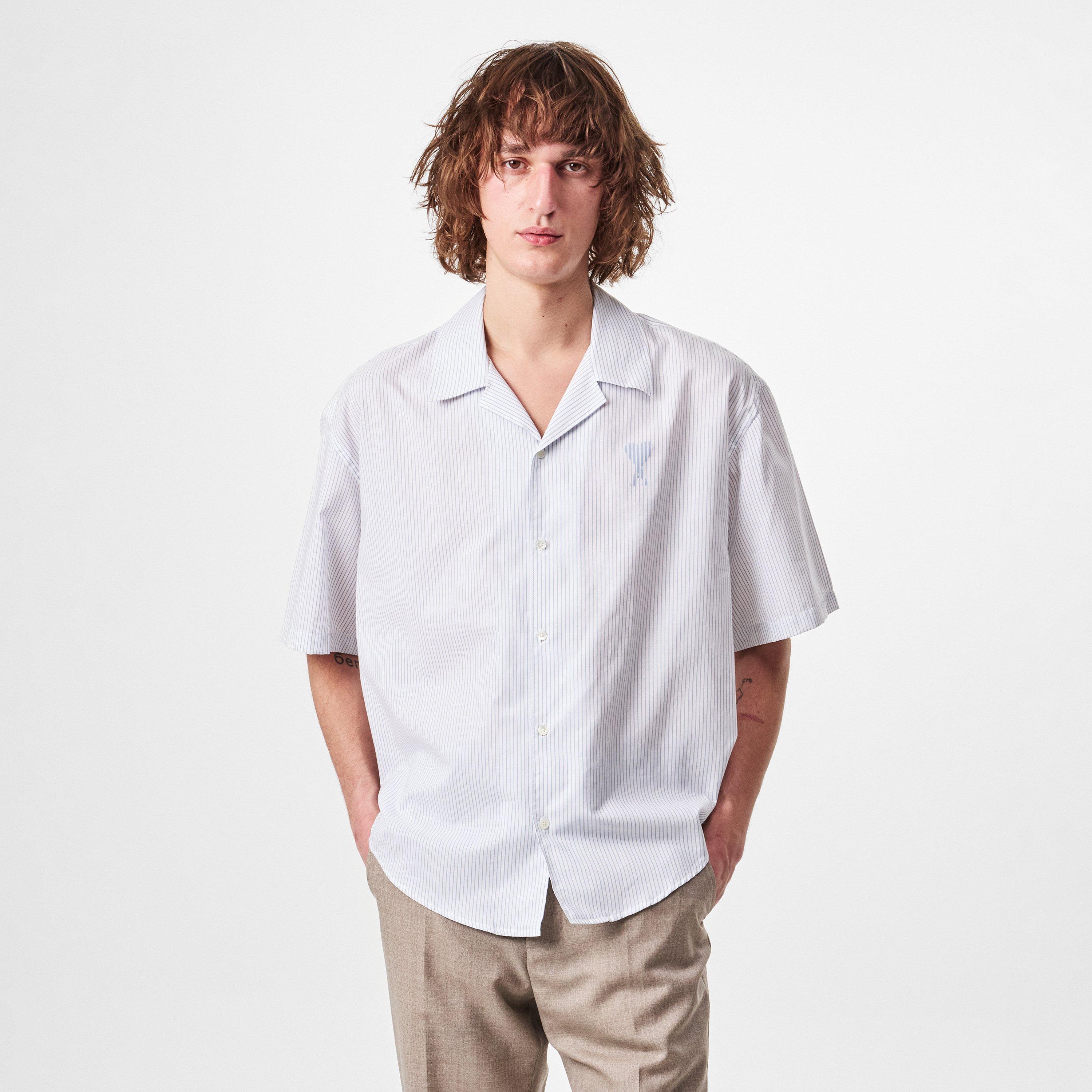 ★★AMI PARIS★★ Striped Short Sleeve Shirt Navy HSH203SE00 AMI Paris Striped short-sleeve Shirt | Blue | FARFETCH