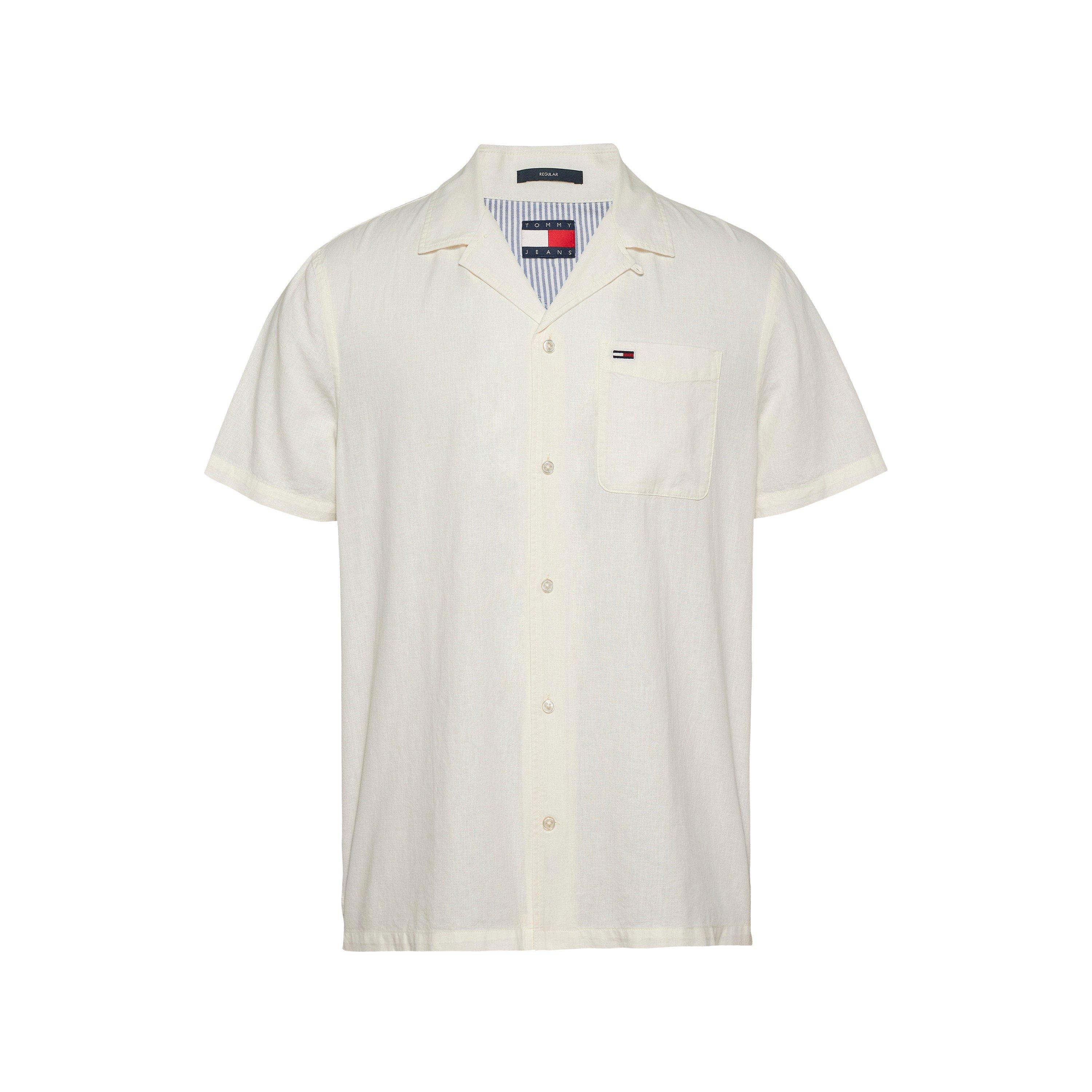 Tommy Jeans Men's Linen Blend Short-Sleeve Plain Shirt - Ecru - S