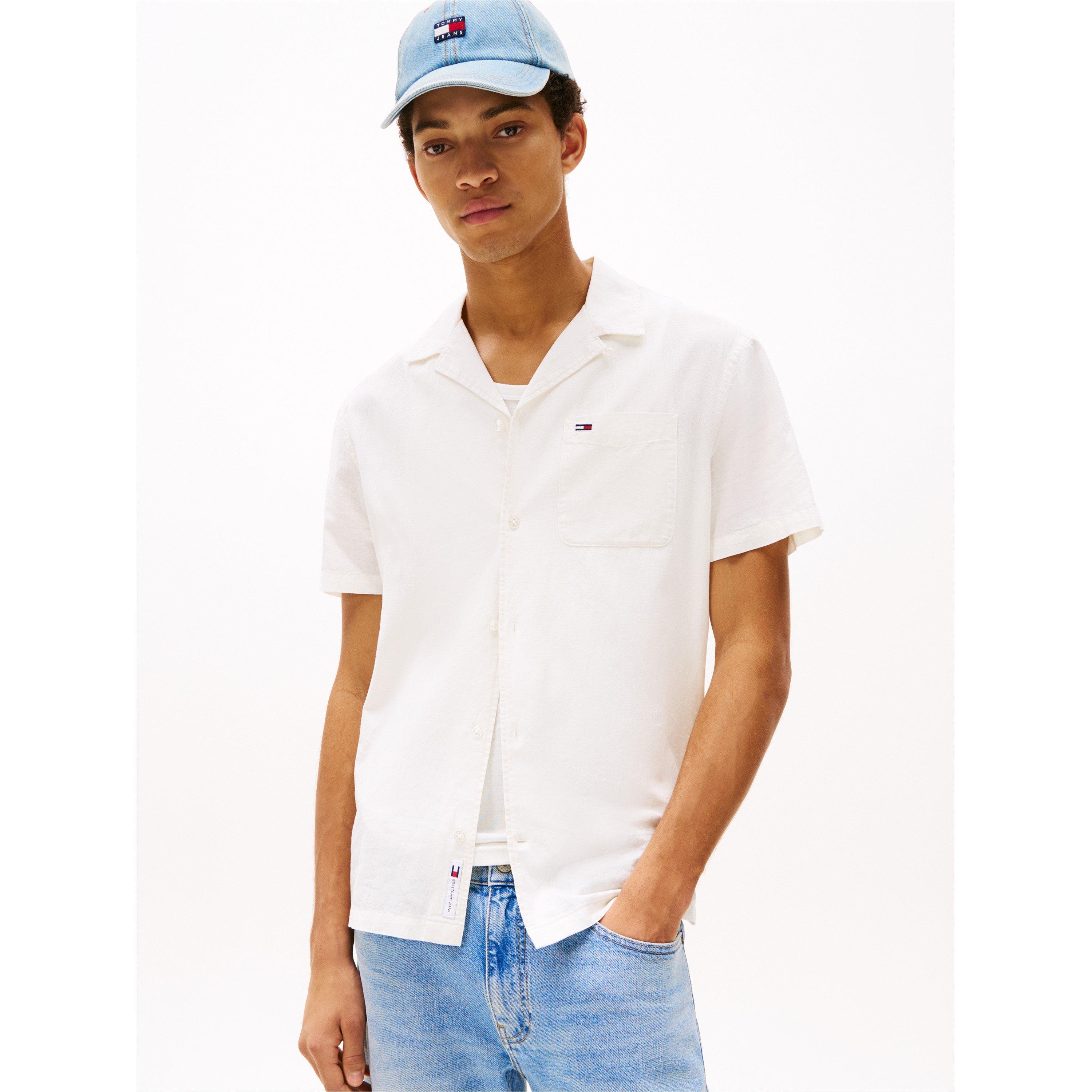 Ecru - Tommy Jeans - Men's Linen Blend Short-Sleeve Plain Shirt - 3