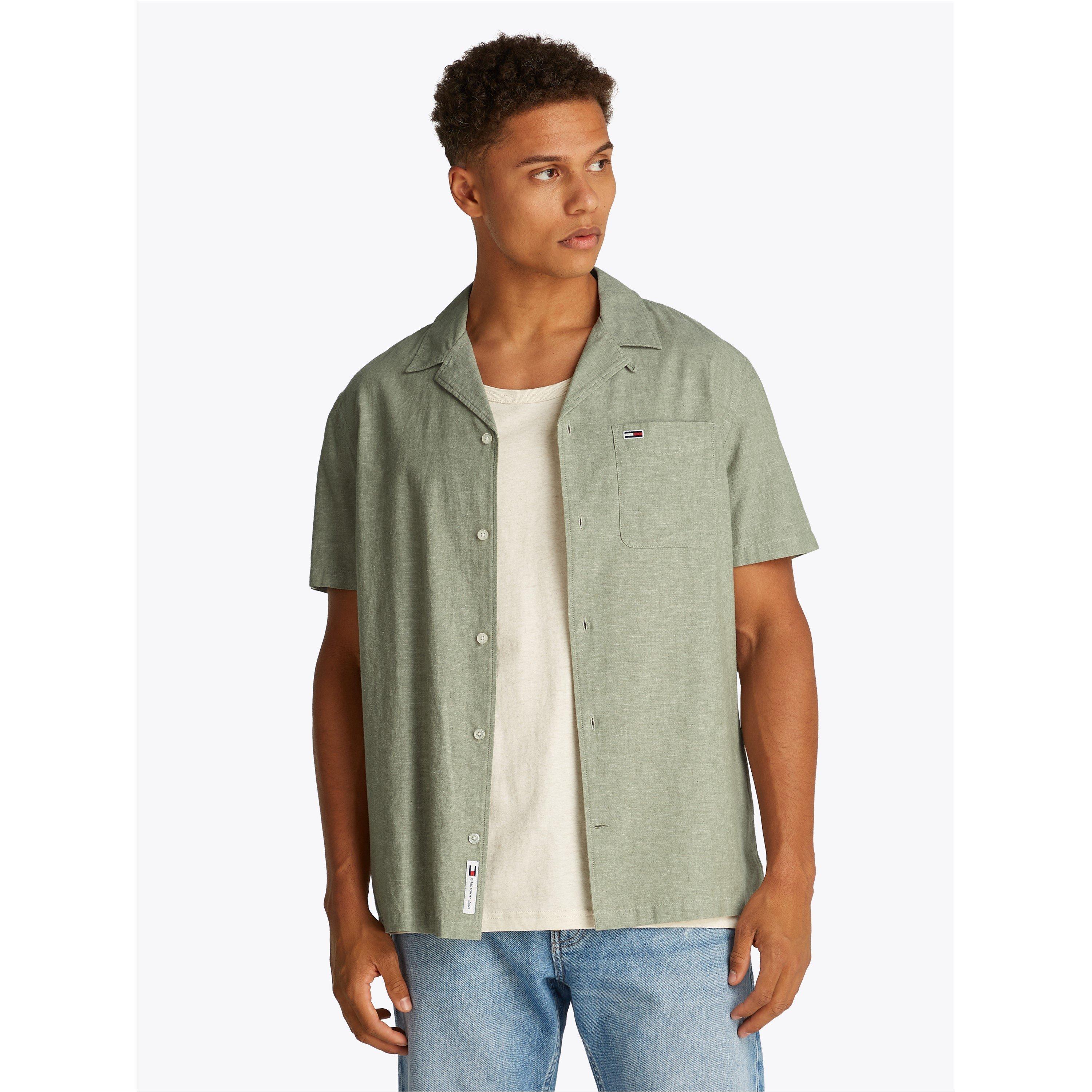 Aruba Green - Tommy Jeans - Men's Linen Blend Short-Sleeve Plain Shirt - 2