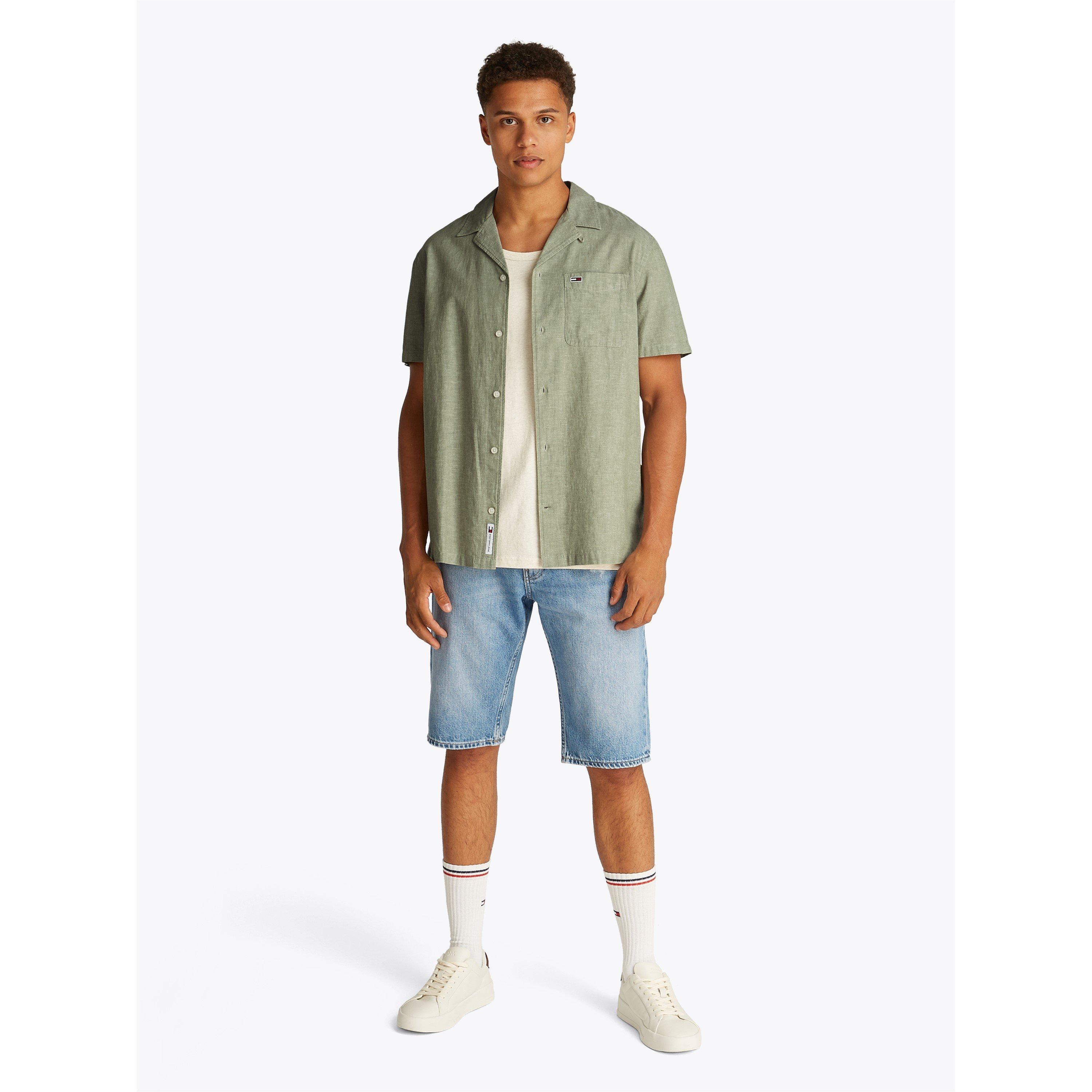 Aruba Green - Tommy Jeans - Men's Linen Blend Short-Sleeve Plain Shirt - 3