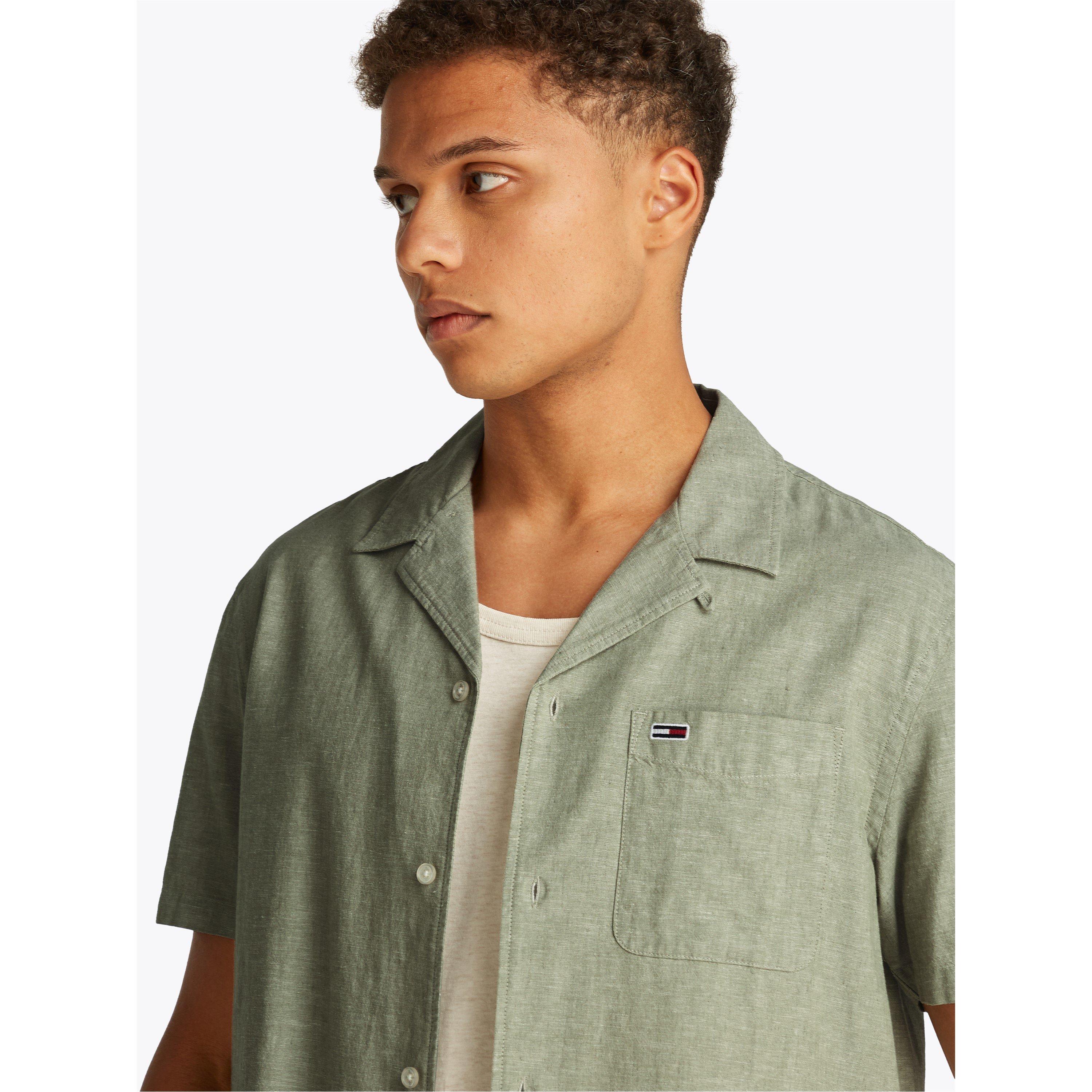 Aruba Green - Tommy Jeans - Men's Linen Blend Short-Sleeve Plain Shirt - 5