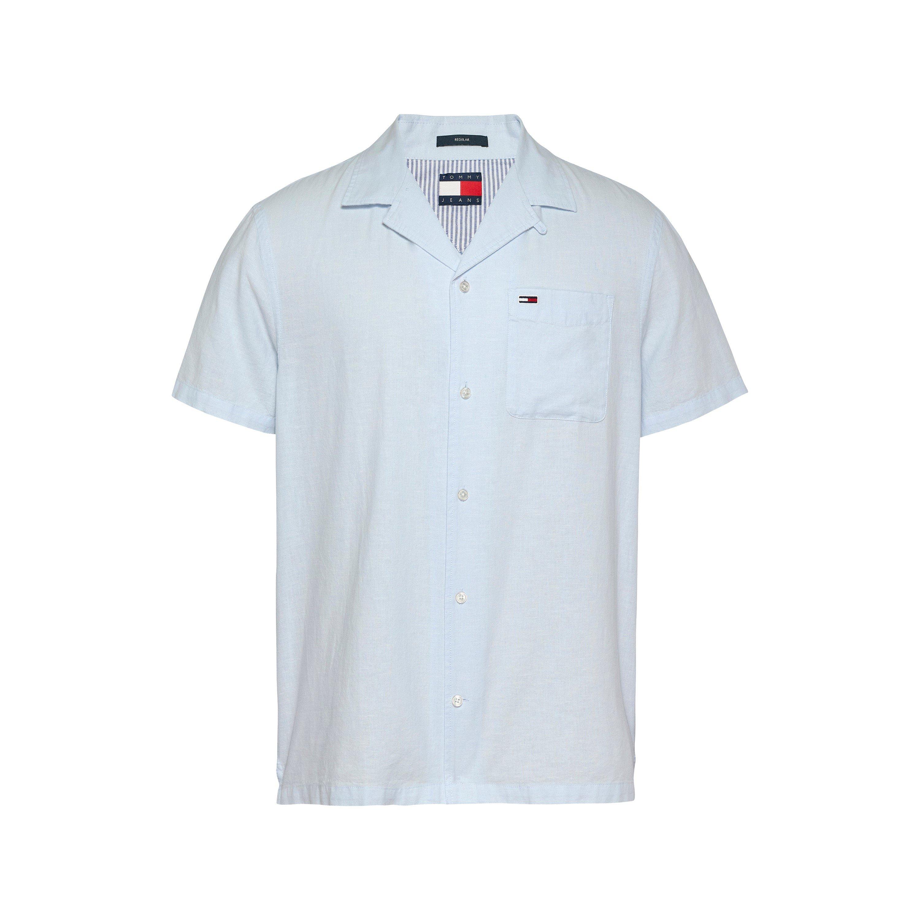 Tommy Jeans Men's Linen Blend Short-Sleeve Plain Shirt - Sweet Blue - S