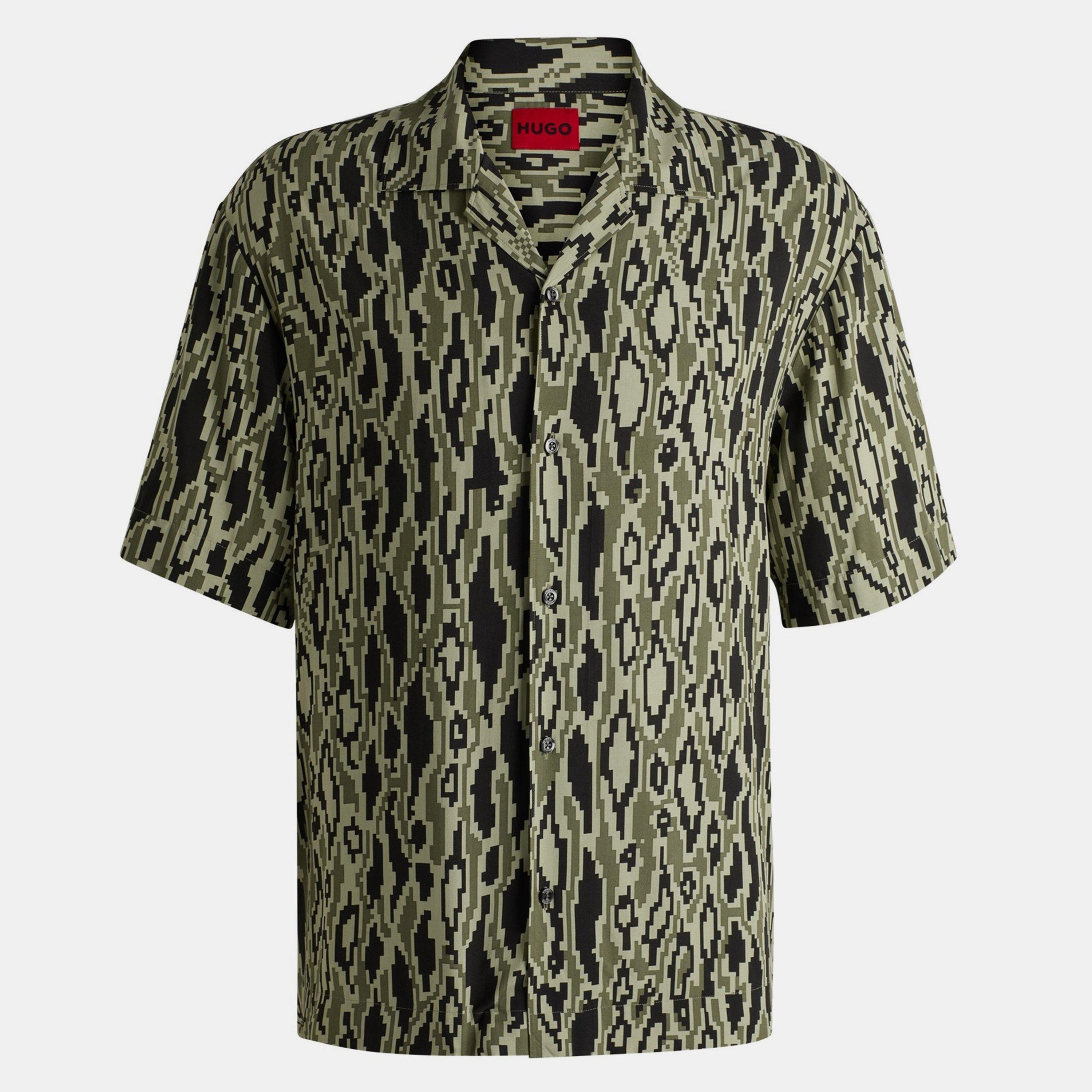 Open Green 391 - Hugo - Men's Espino Red Geometric Short Sleeve Tailored Fit Shirt - 1