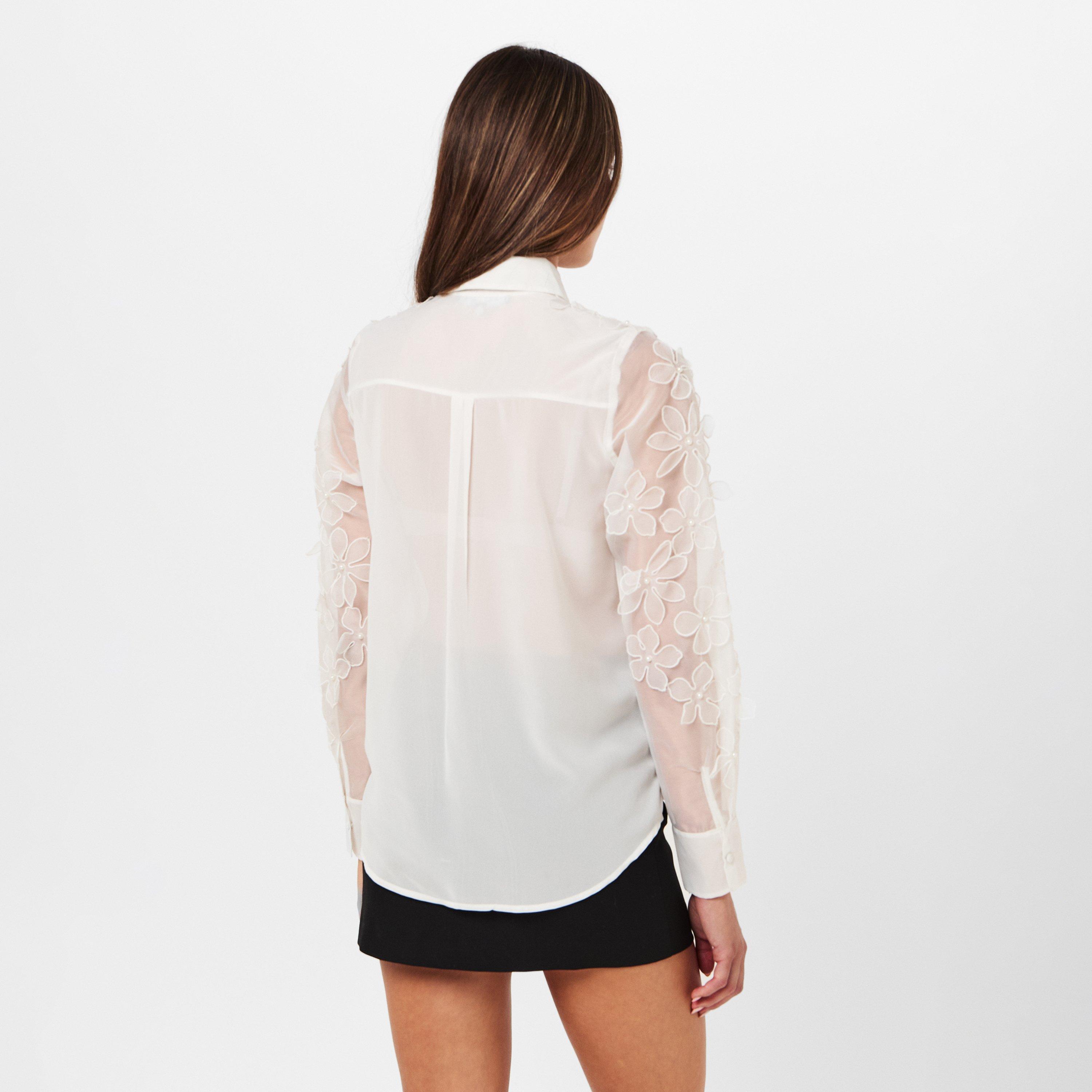 Summer White - French Connection - Women's Camden Floral Embellished Long-Sleeve Blouse - 4