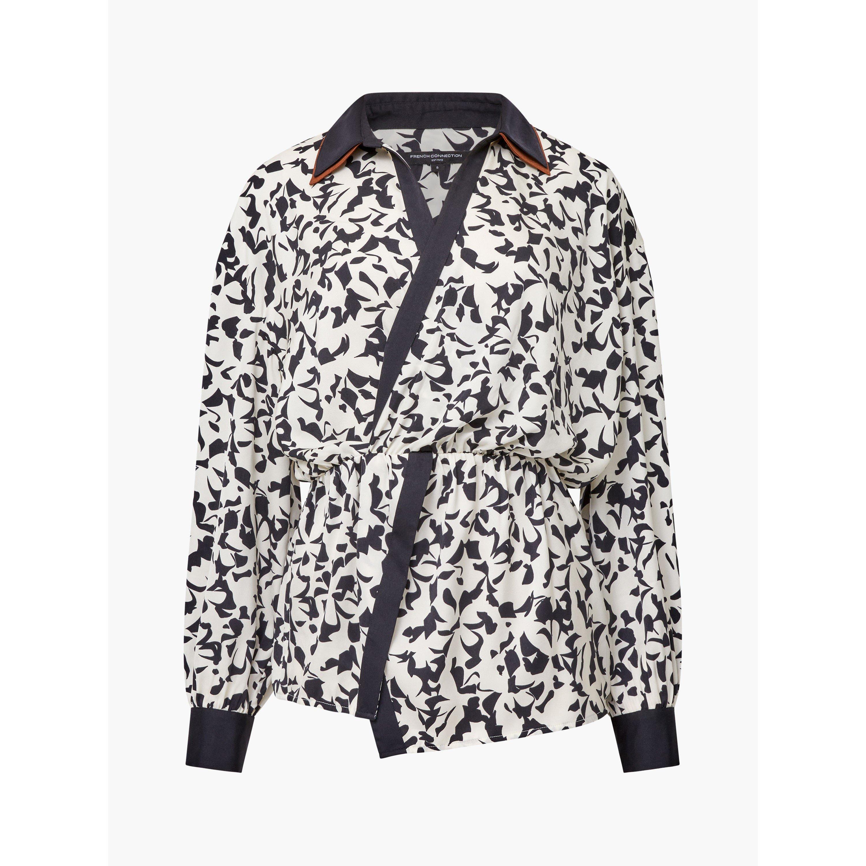 Black/Cream - French Connection - Women's Domasco Twist Popover Long Sleeve Blouse