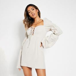 I Saw It First ISAWITFIRST Woven Lace Up Puff Sleeve Mini Dress