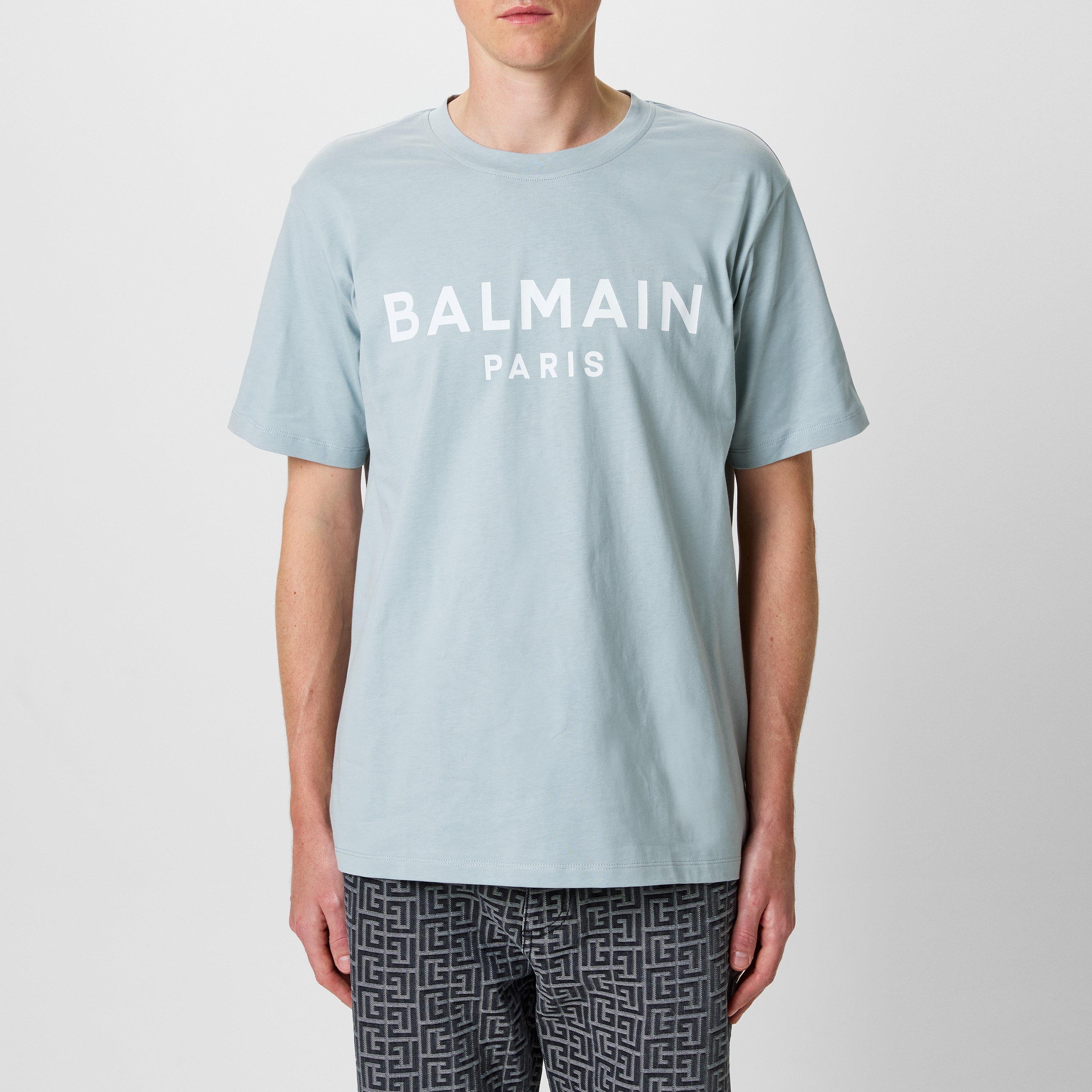 Balmain Men's Grey/White Paris Print Logo Cotton T-Shirt - XL