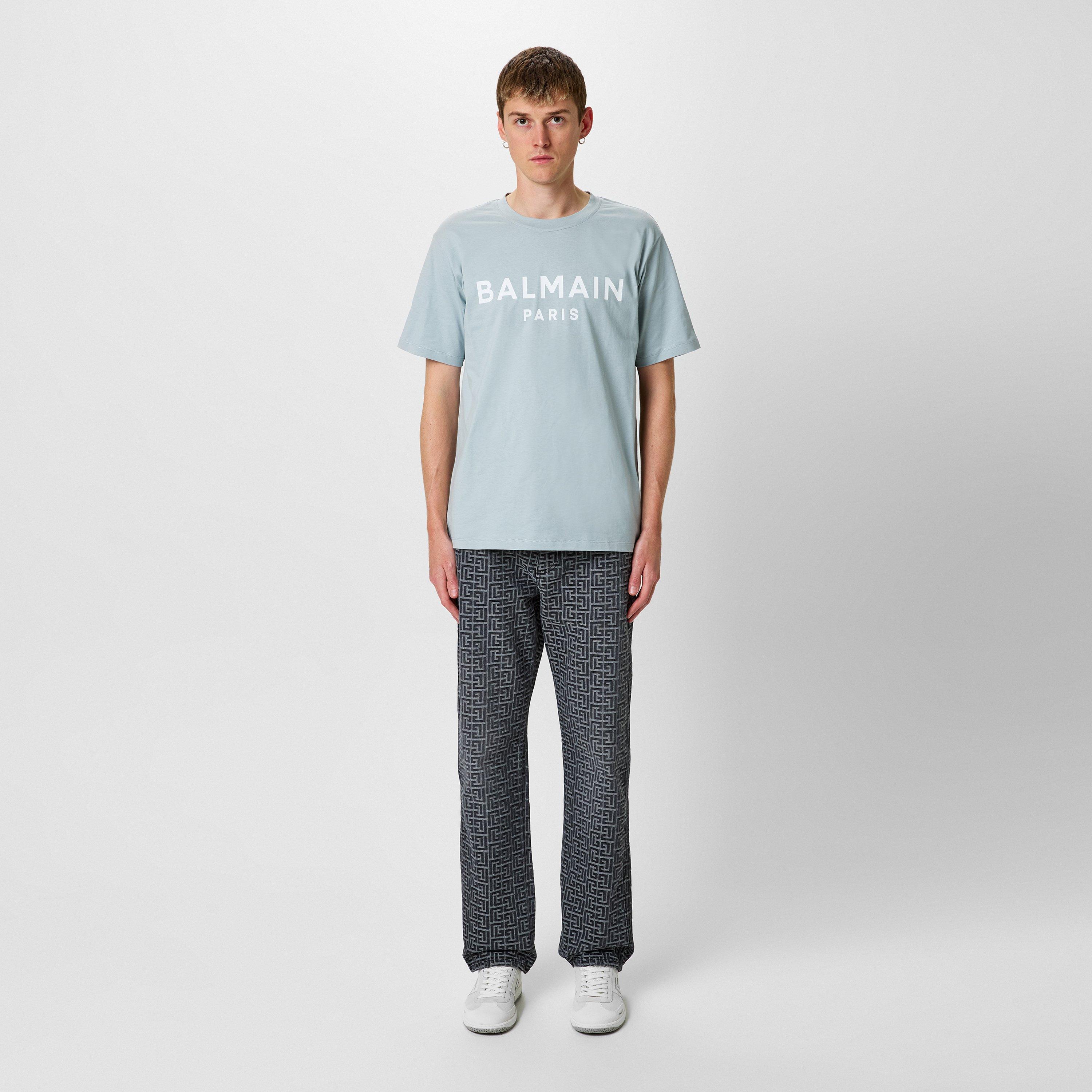 Grey/White - Balmain - Men's Paris Print Logo Cotton T-Shirt - 4