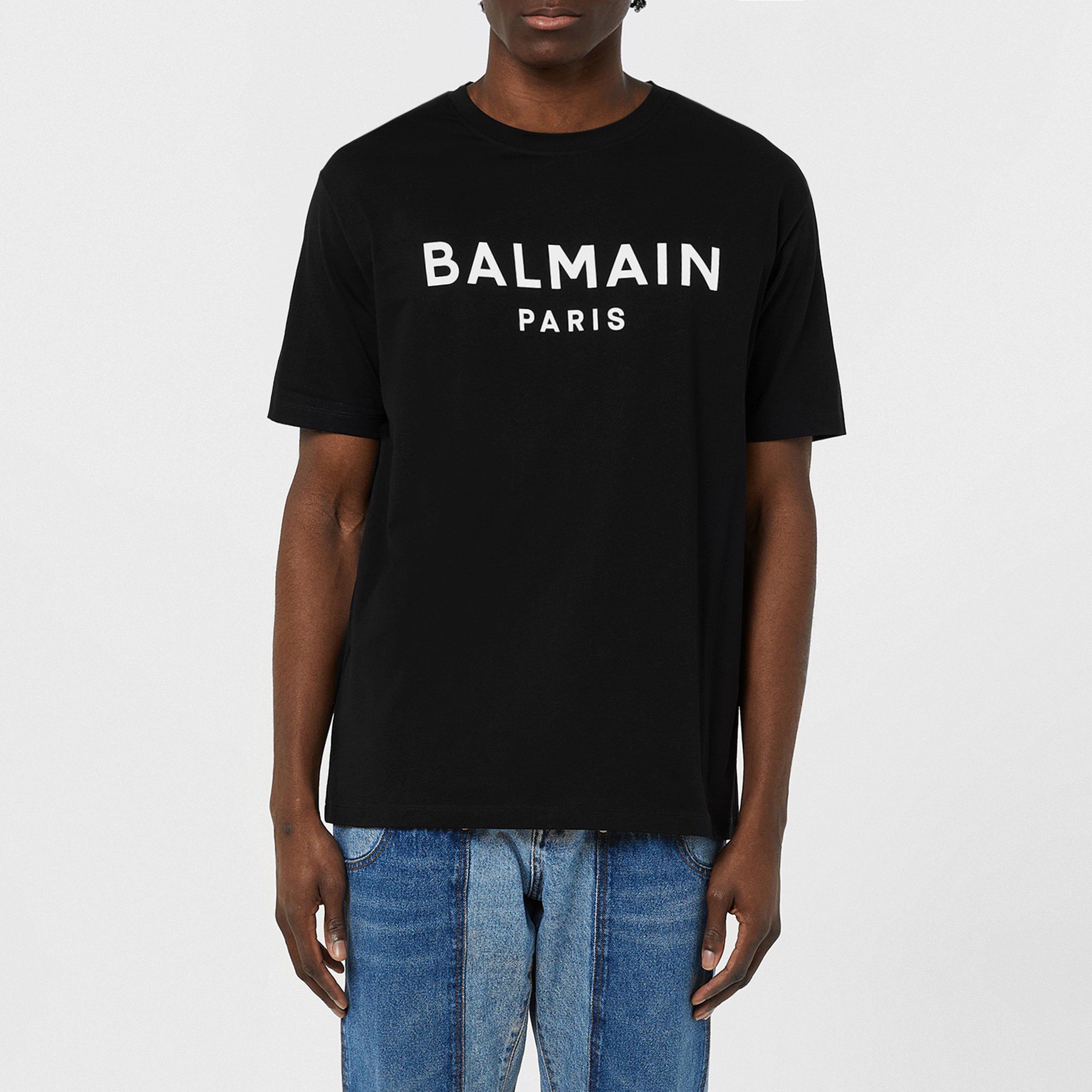 Noir/Blanc EAB - Balmain - Men's Paris Print Logo Cotton T-Shirt - 3