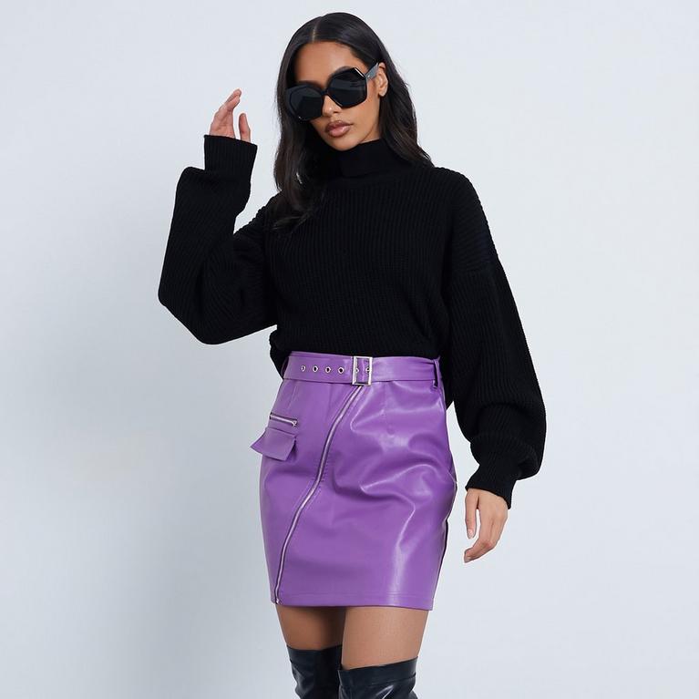 Violet - Conditions de la promotion - ISAWITFIRST Zip Front Belted Faux Leather Mini Skirt - 1
