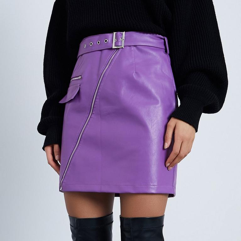 Violet - Conditions de la promotion - ISAWITFIRST Zip Front Belted Faux Leather Mini Skirt - 5