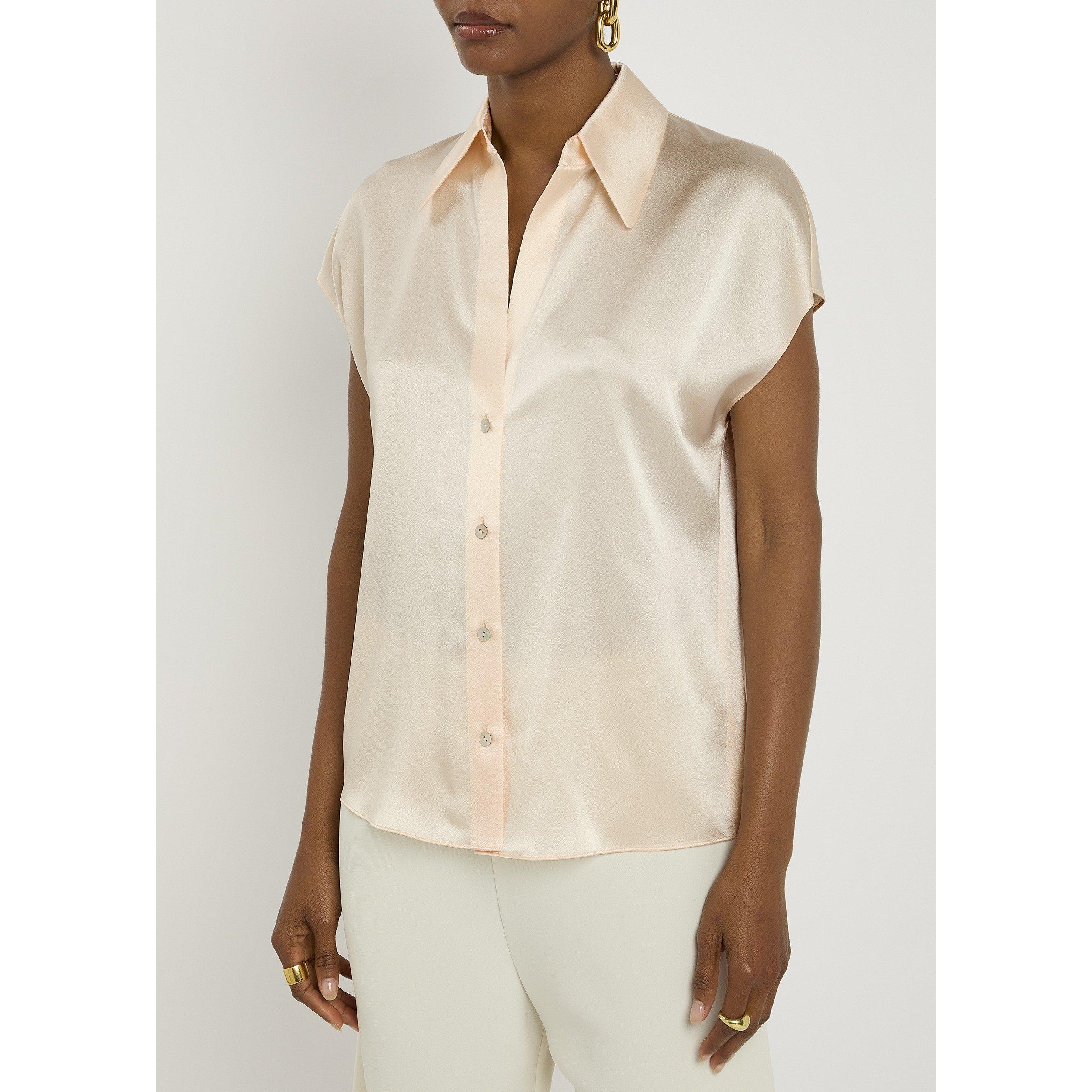 CREAM - Vince - Women's Cap-Sleeve Ruched Silk Blouse - 2