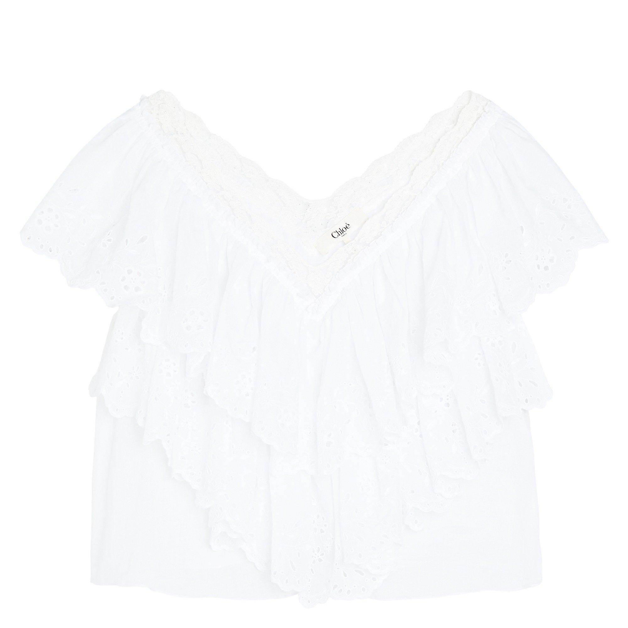 WHITE - Chloe - Women's Short-Sleeve Cotton Embroidered V-Neck Blouse - 1