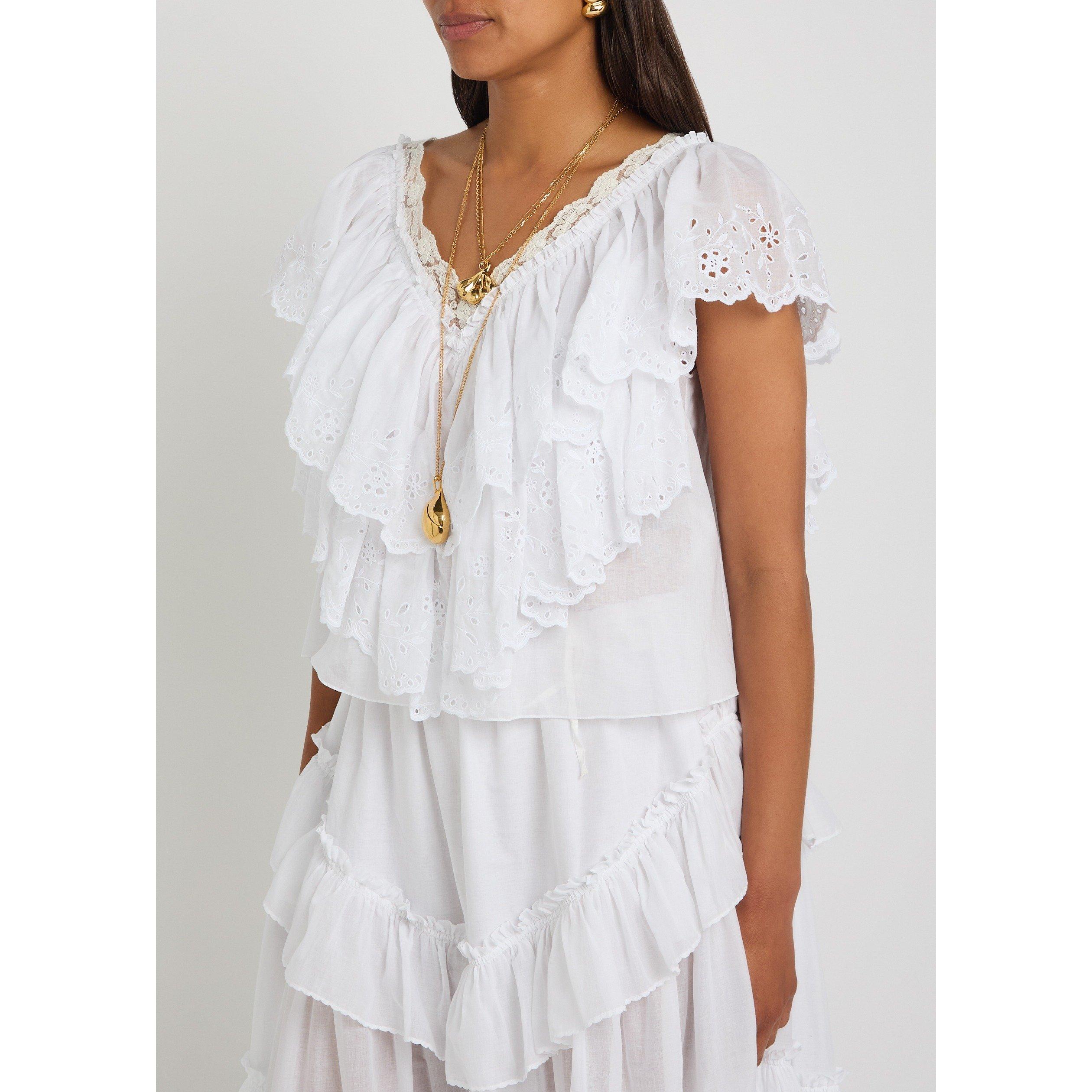 WHITE - Chloe - Women's Short-Sleeve Cotton Embroidered V-Neck Blouse - 2