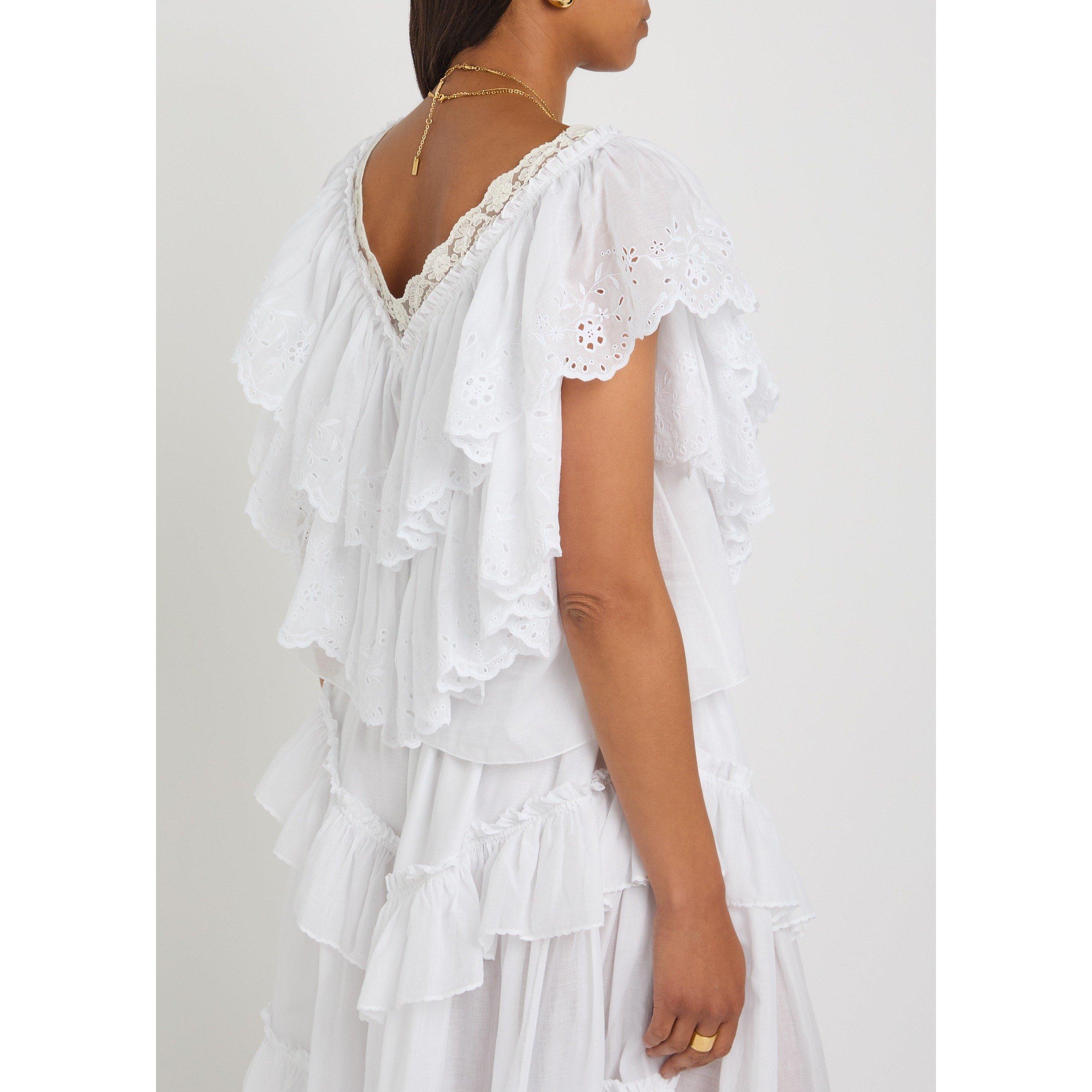 WHITE - Chloe - Women's Short-Sleeve Cotton Embroidered V-Neck Blouse - 3