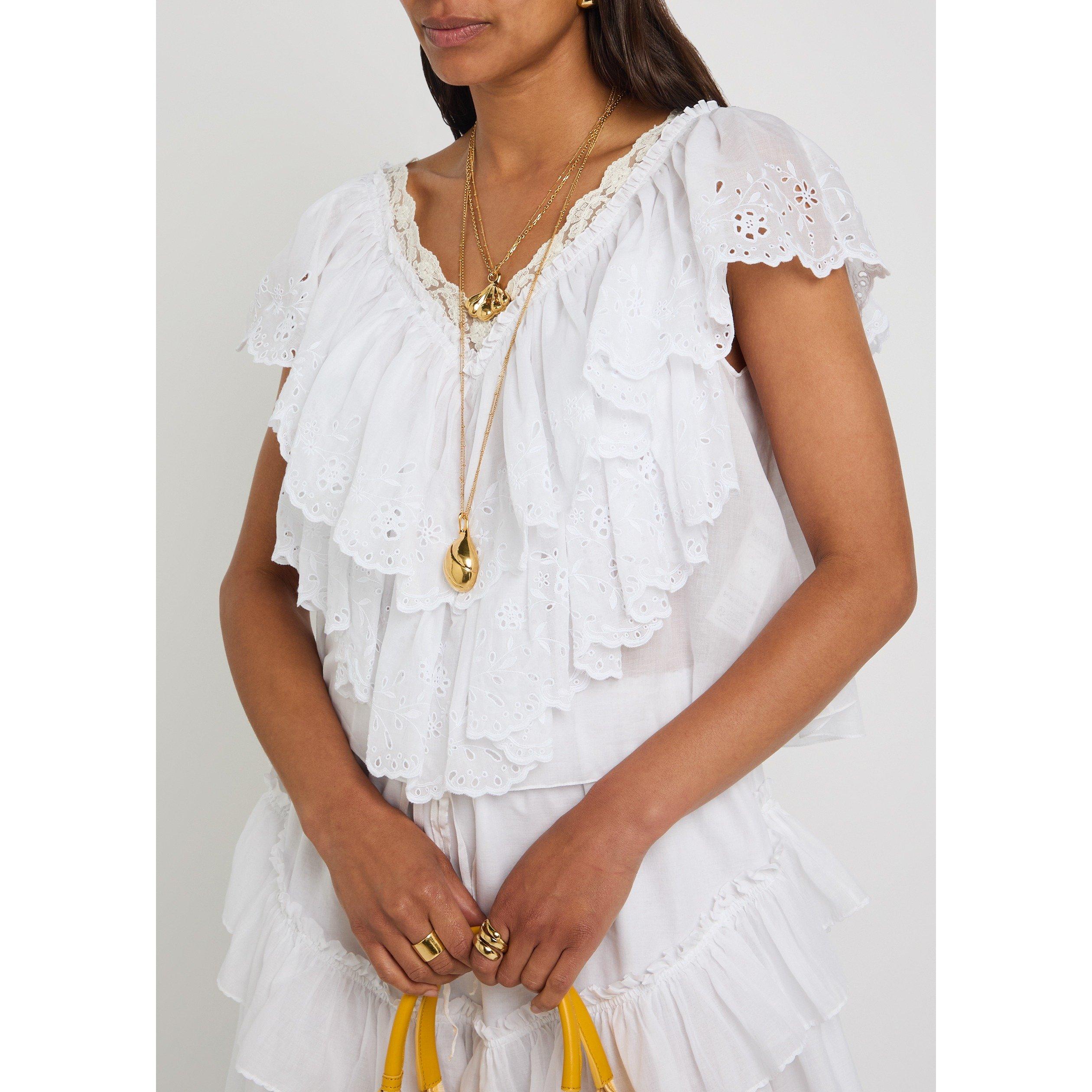 WHITE - Chloe - Women's Short-Sleeve Cotton Embroidered V-Neck Blouse - 4