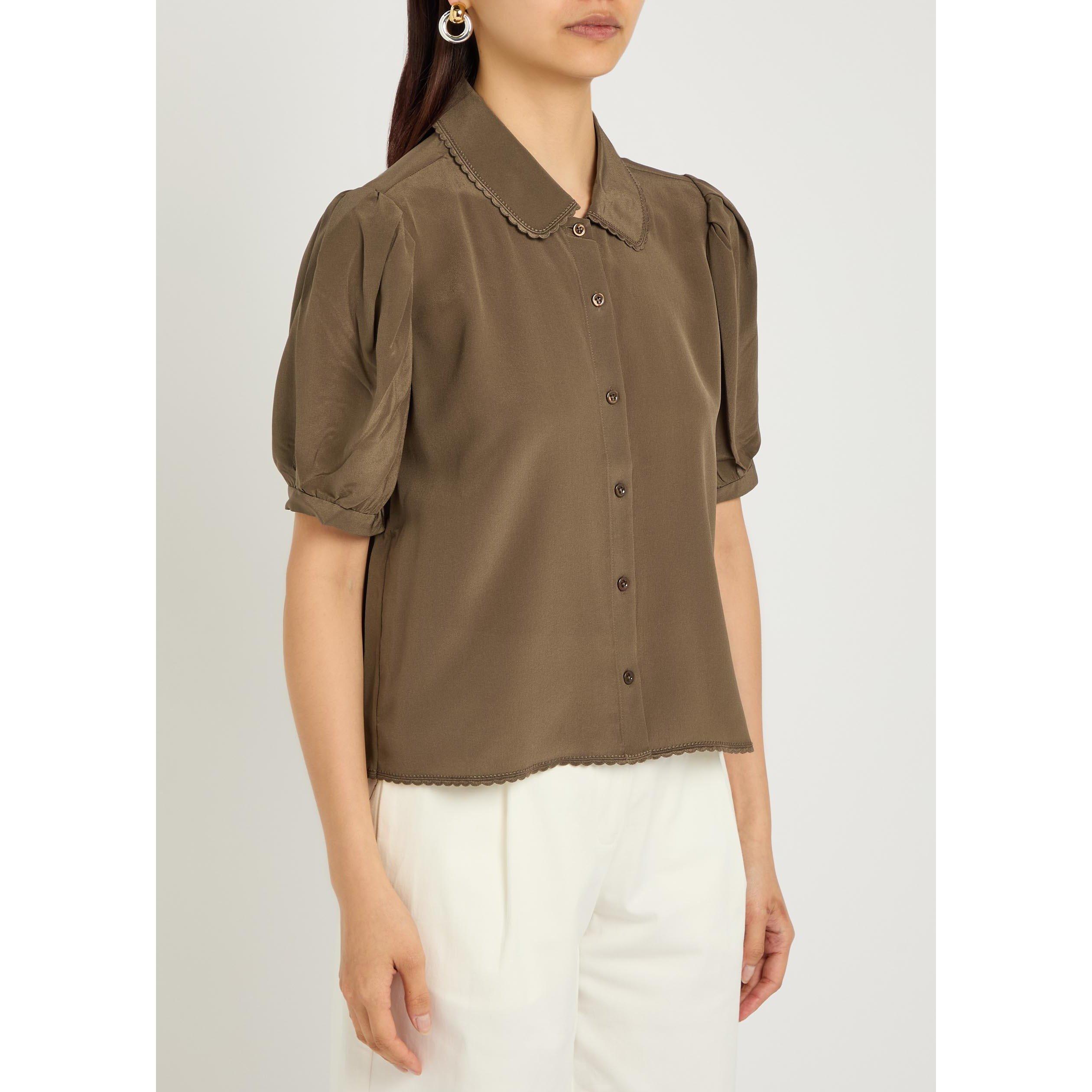 DARK GREEN - Frame Denim - Women's Prim Silk Short-Sleeve Blouse - 2