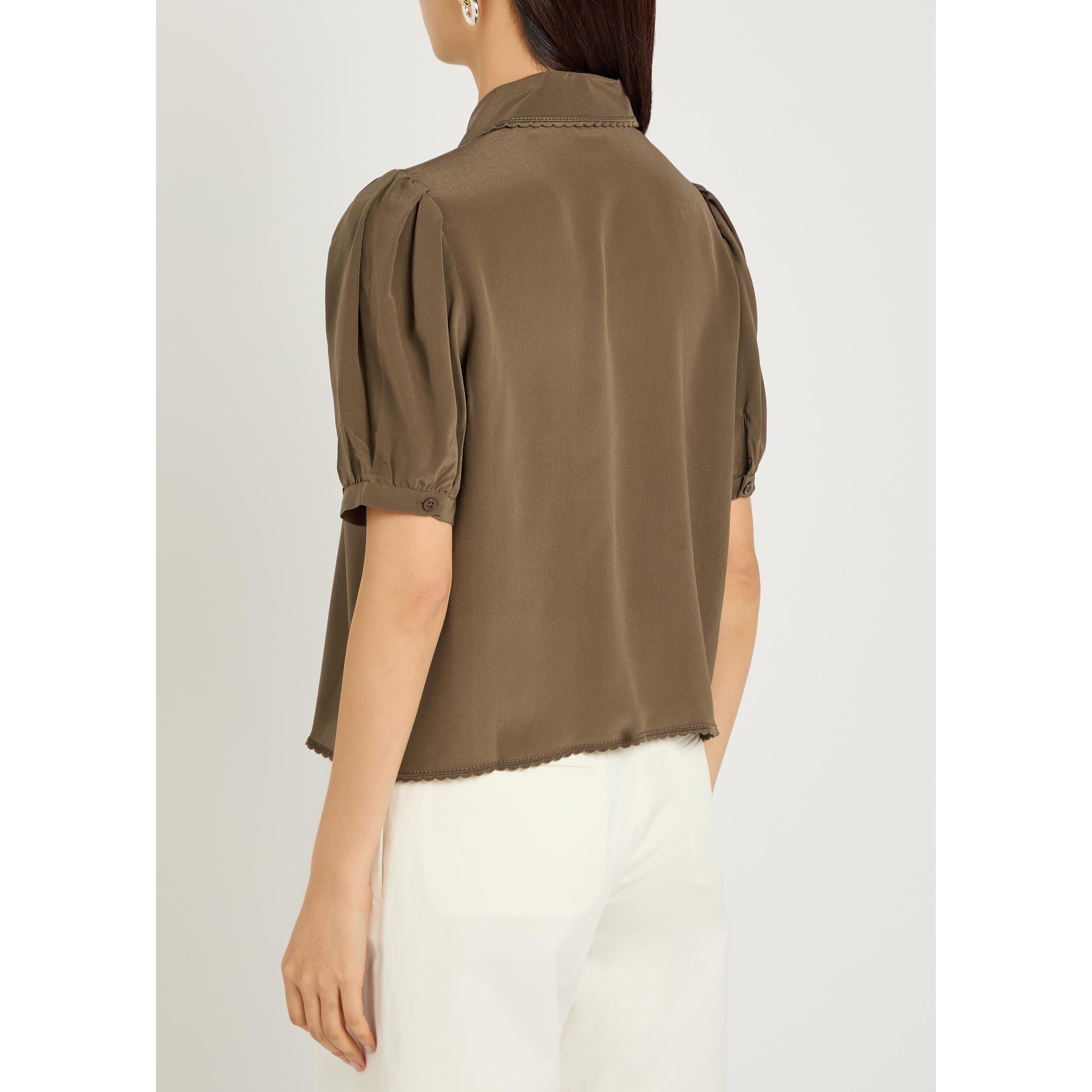 DARK GREEN - Frame Denim - Women's Prim Silk Short-Sleeve Blouse - 3