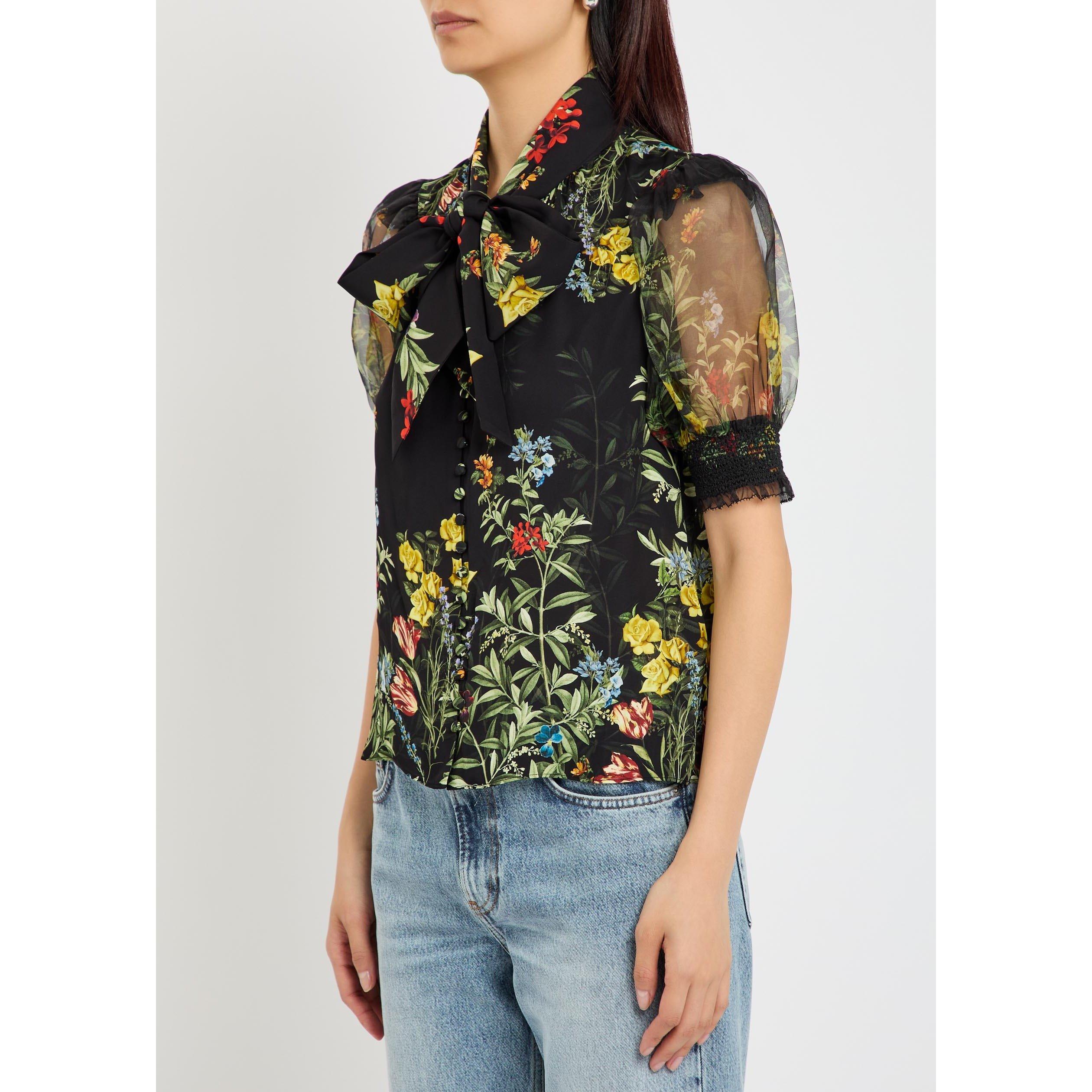 BLACK AND OTHER - Alice And Olivia - Women's Brentley Tie Neck Floral Short-Sleeve Blouse - 2
