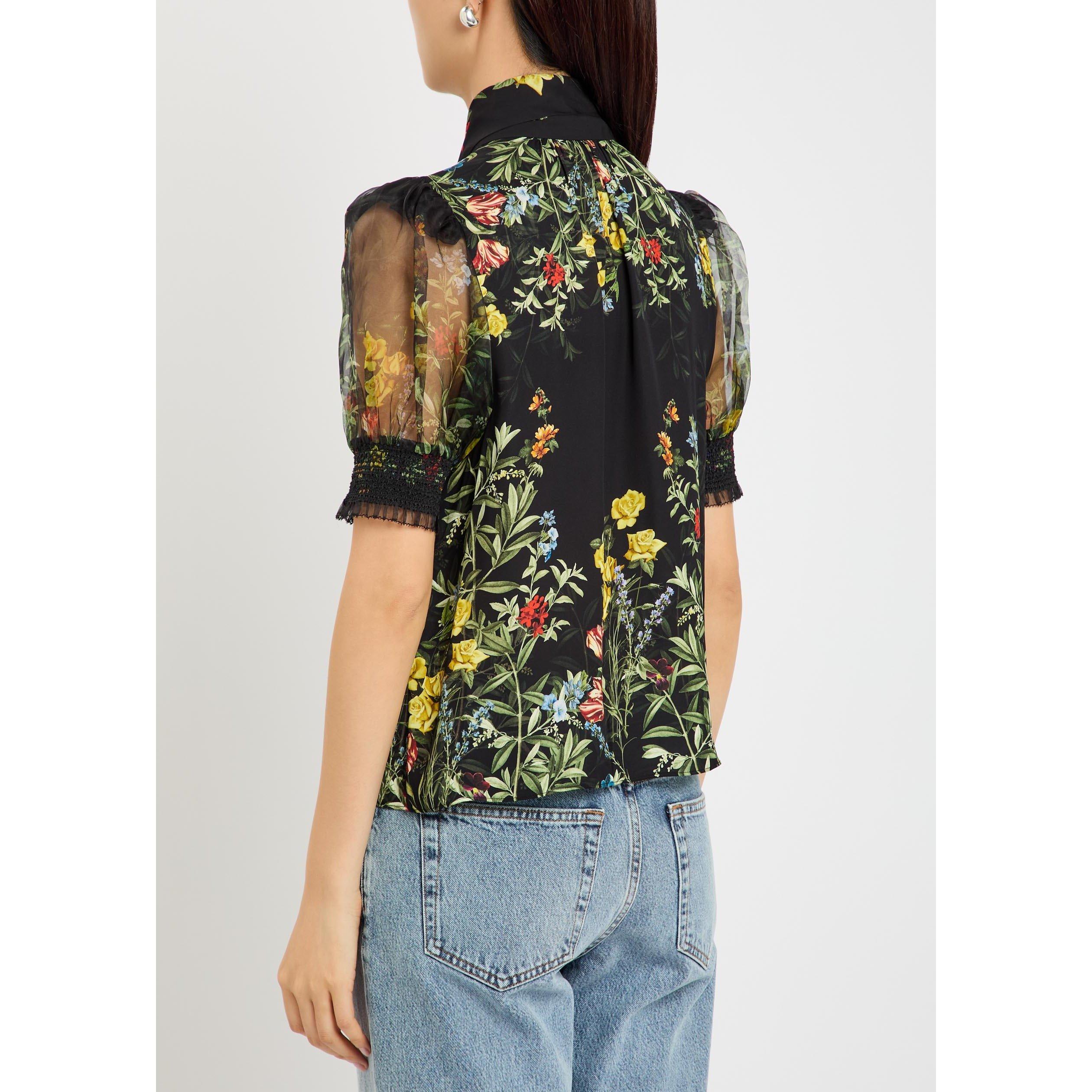 BLACK AND OTHER - Alice And Olivia - Women's Brentley Tie Neck Floral Short-Sleeve Blouse - 3