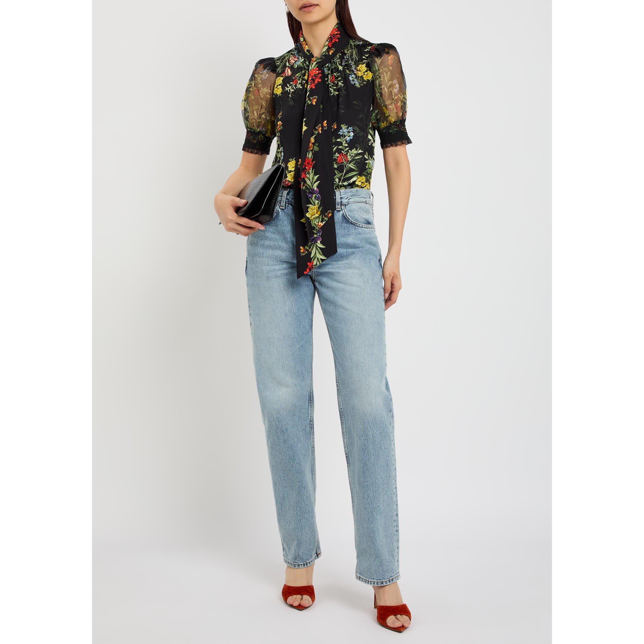 BLACK AND OTHER - Alice And Olivia - Women's Brentley Tie Neck Floral Short-Sleeve Blouse - 5