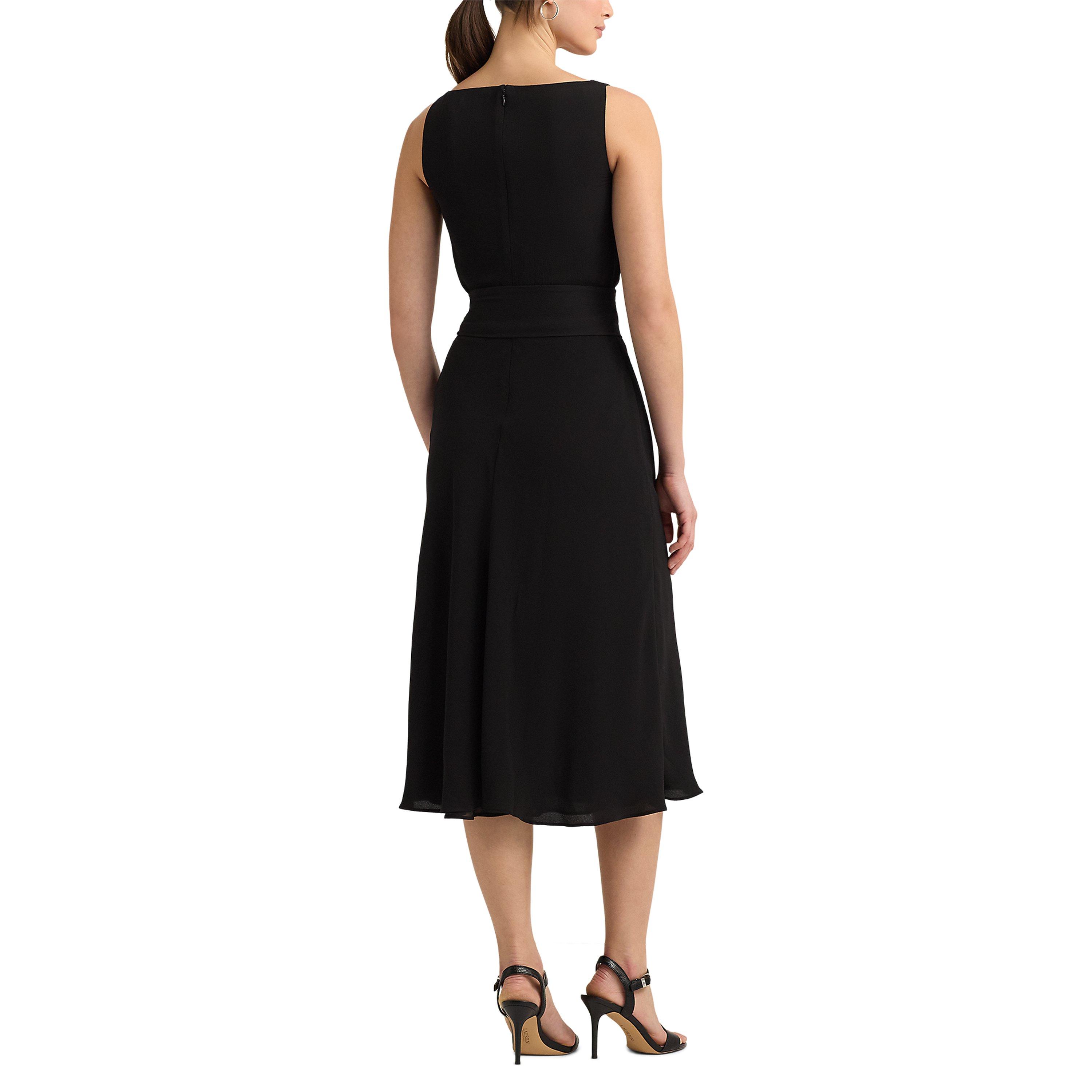 Black - Lauren by Ralph Lauren - Belted Crepe Sleeveless Dress - 2